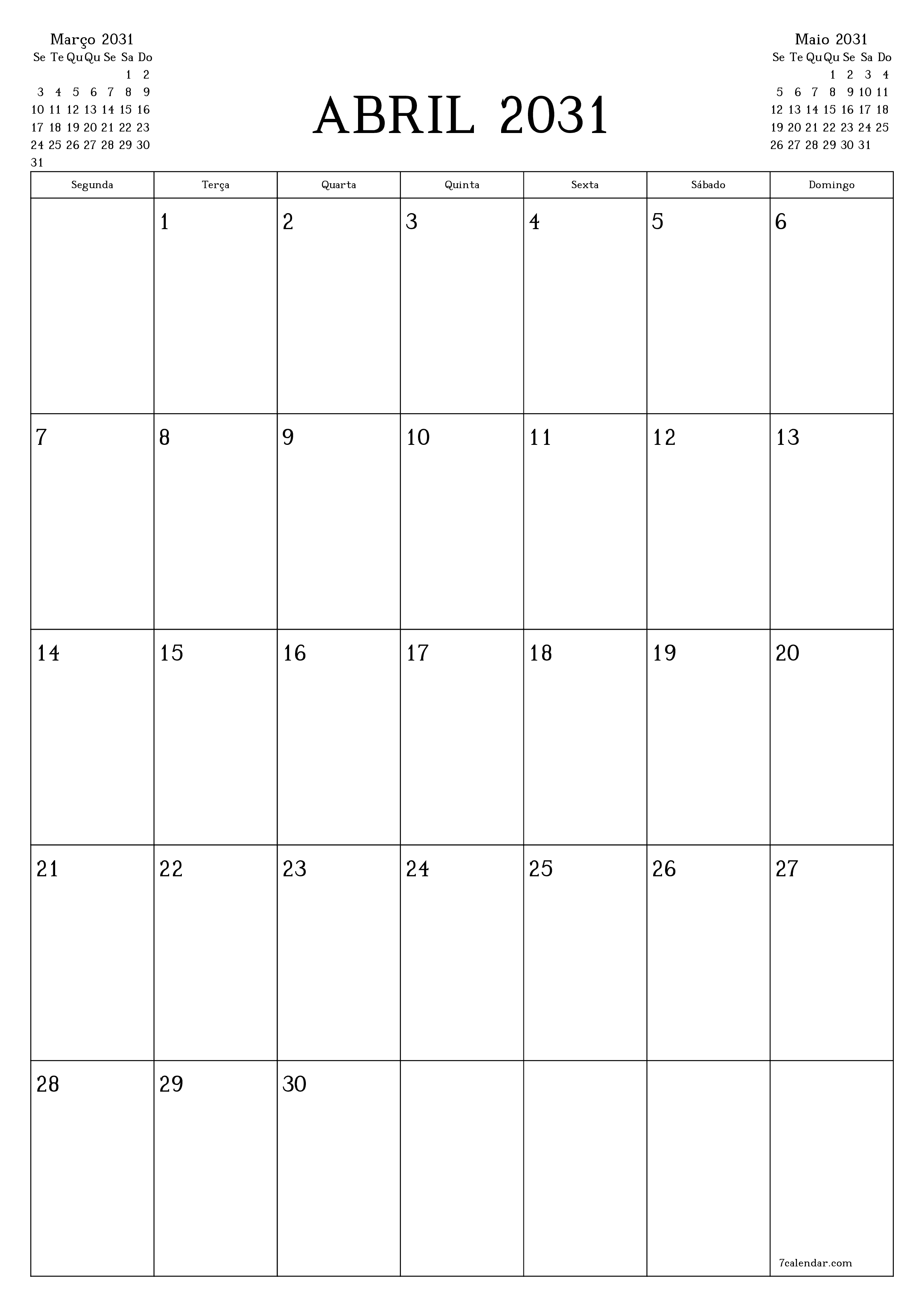  para impressão de parede modelo de grátisvertical Mensal planejador calendário Abril (Abr) 2031