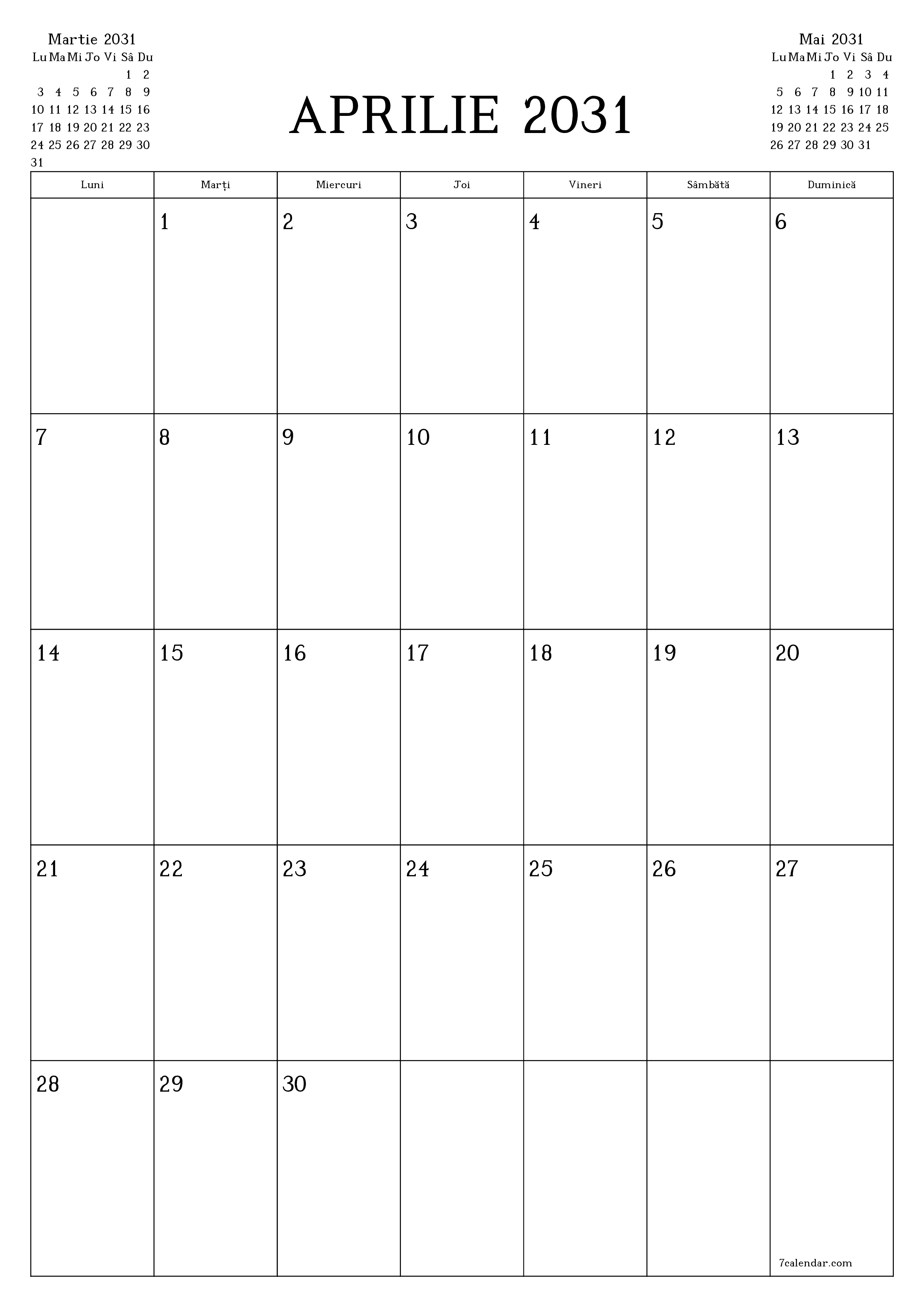  imprimabil de perete șablon de gratuitvertical Lunar planificator calendar Aprilie (Apr) 2031
