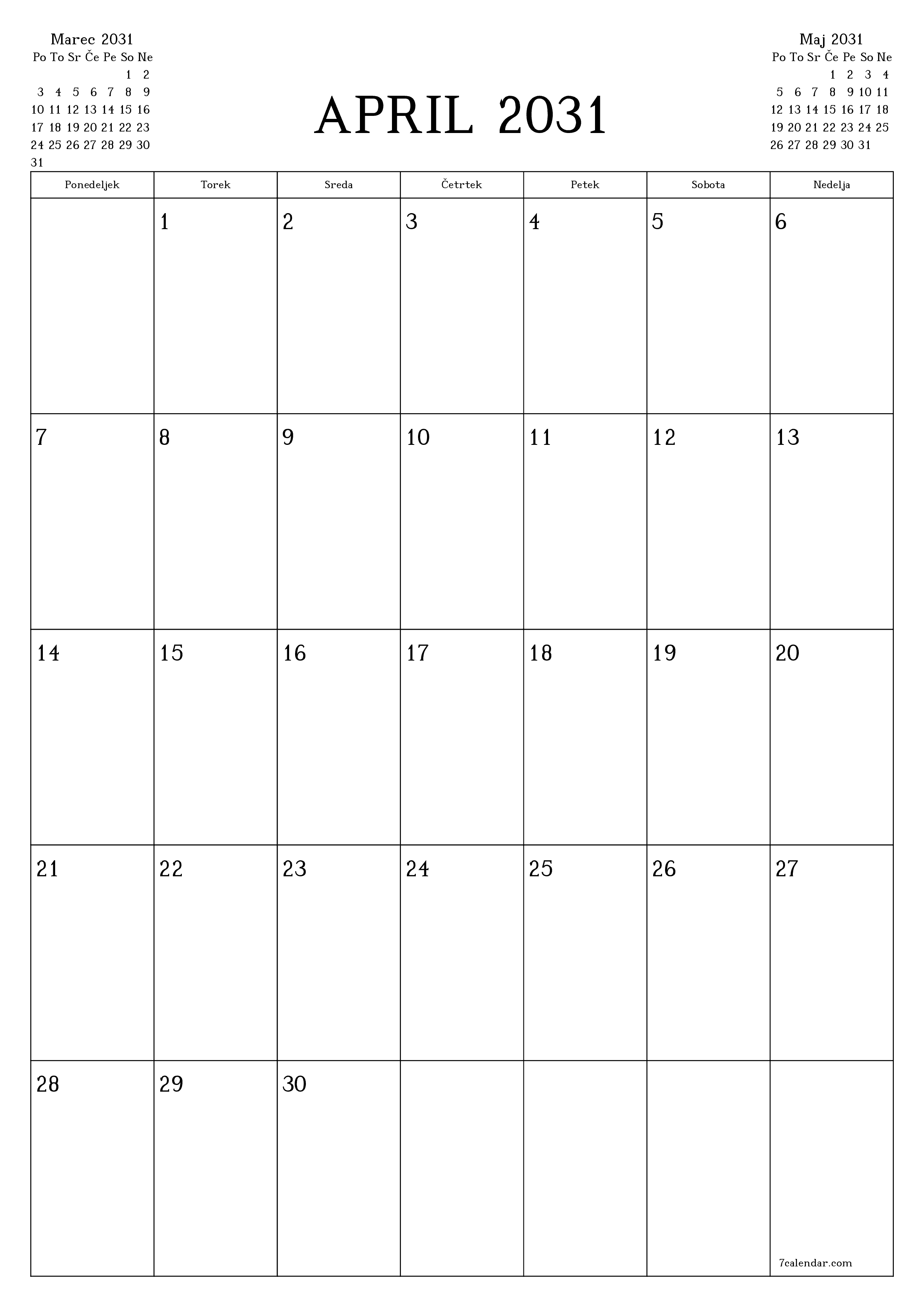 natisljiv stenski ska predloga brezplačni vertical Mesečno jadralno letalo koledar April (Apr) 2031