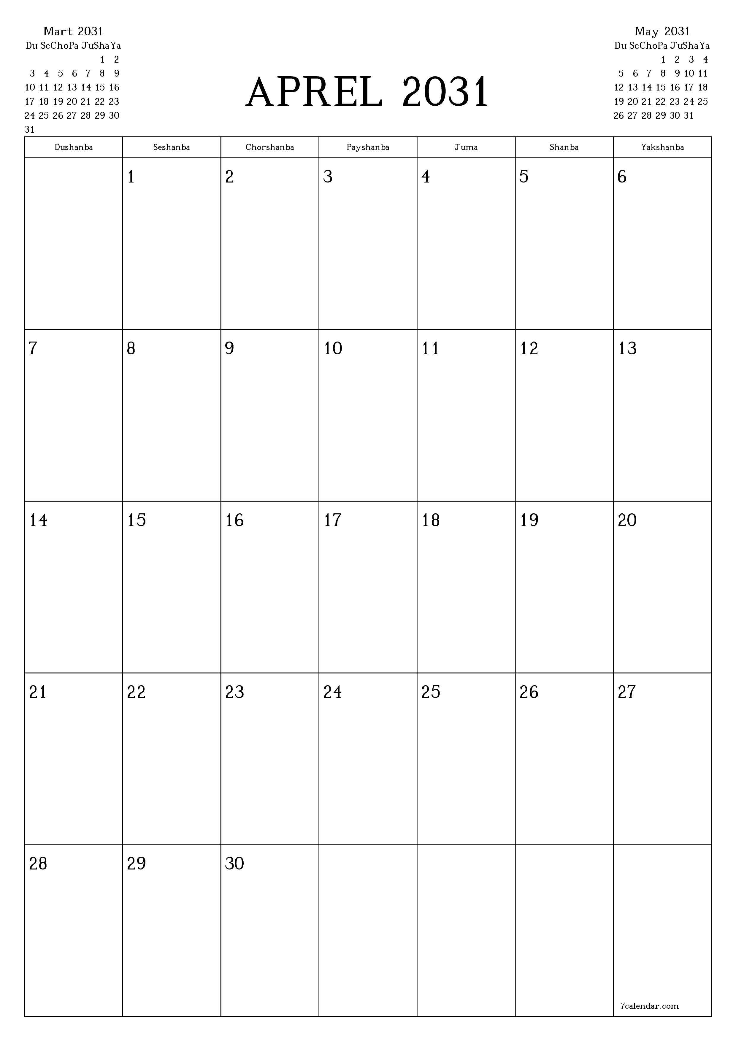 chop etiladigan devor taqvimi shabloni bepul vertikal Oylik rejalashtiruvchi kalendar Aprel (Apr) 2031
