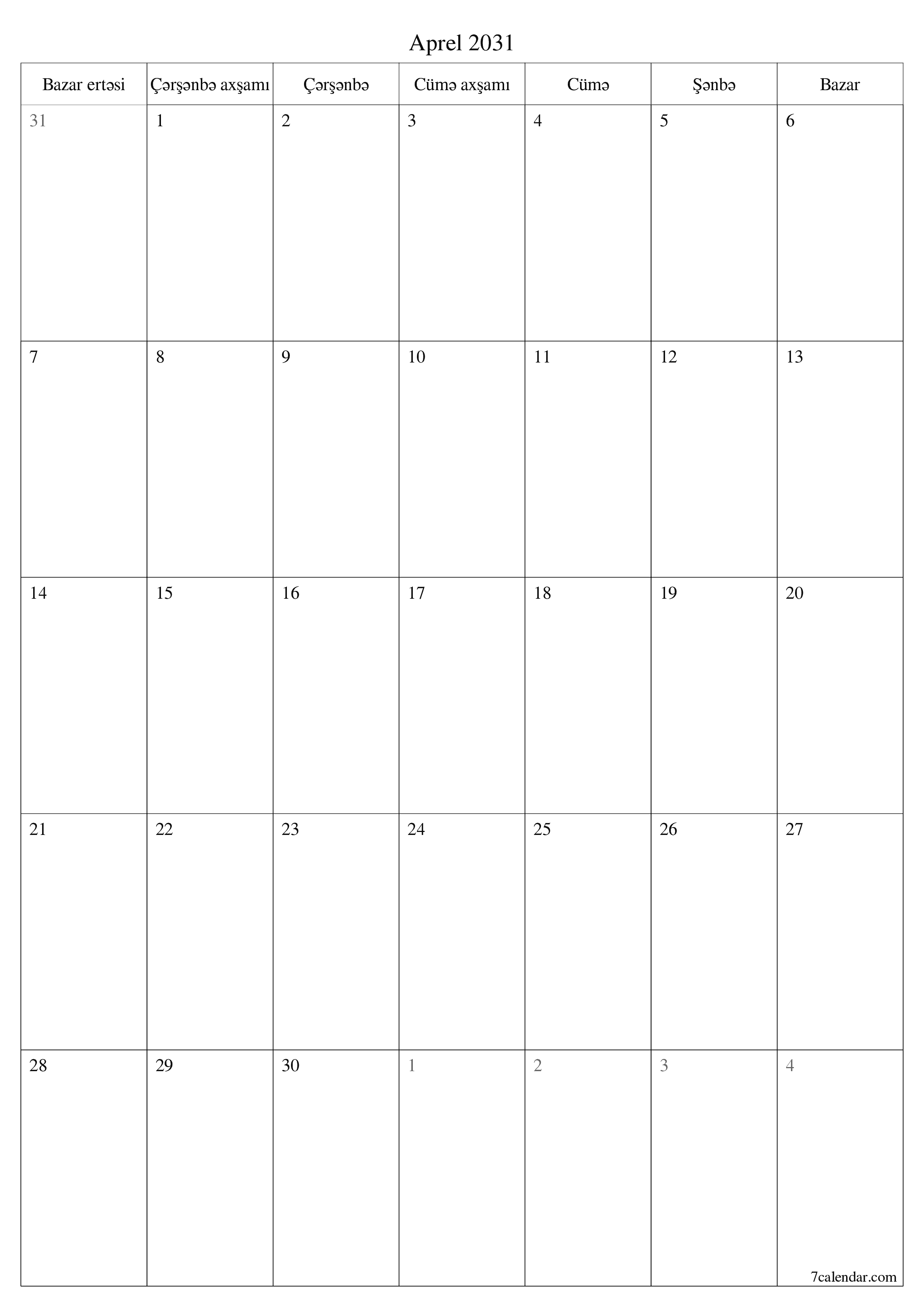 çap edilə bilən divar i şablonu pulsuz şaquli Aylıq planlaşdırıcı təqvim Aprel (Apr) 2031
