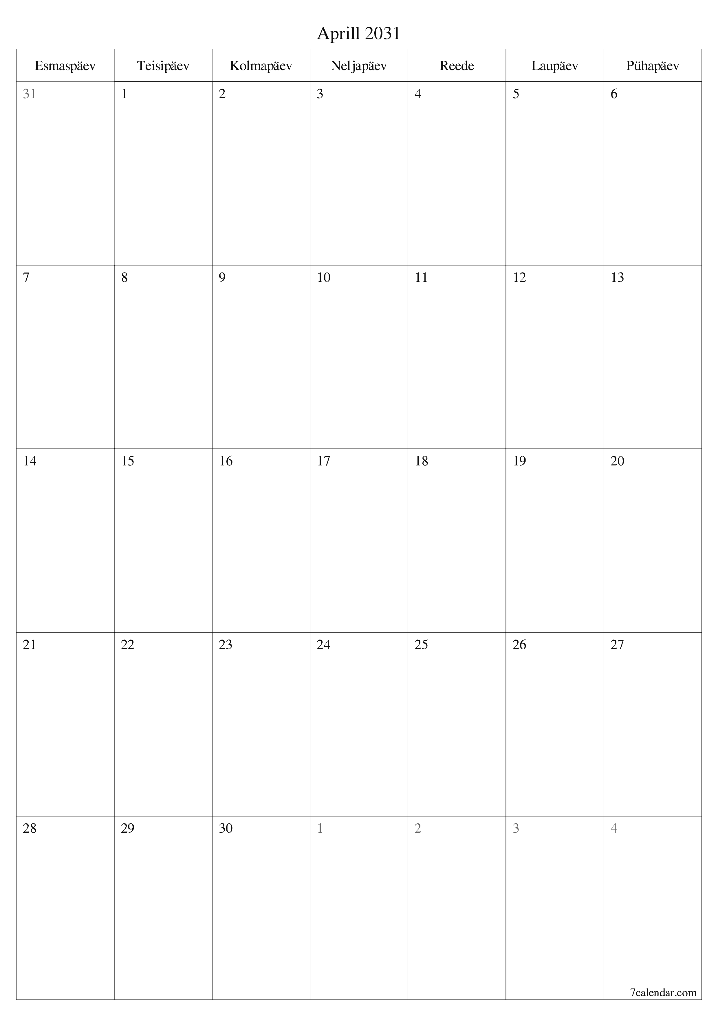 prinditav seina kalendri mall tasuta vertikaalne Igakuine planeerija kalender Aprill (Apr) 2031