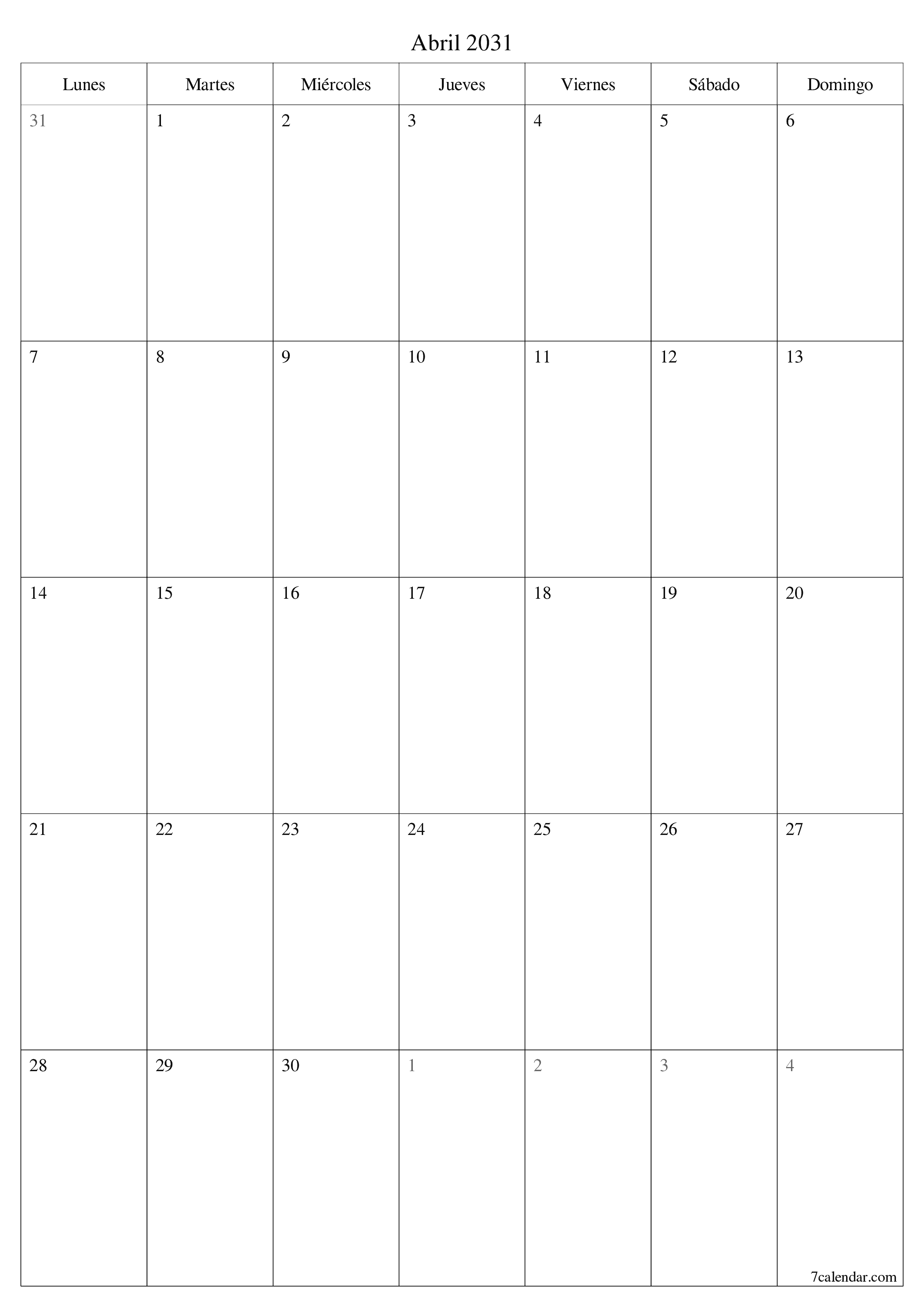  imprimible de pared plantilla de gratisvertical Mensual planificador calendario Abril (Abr) 2031