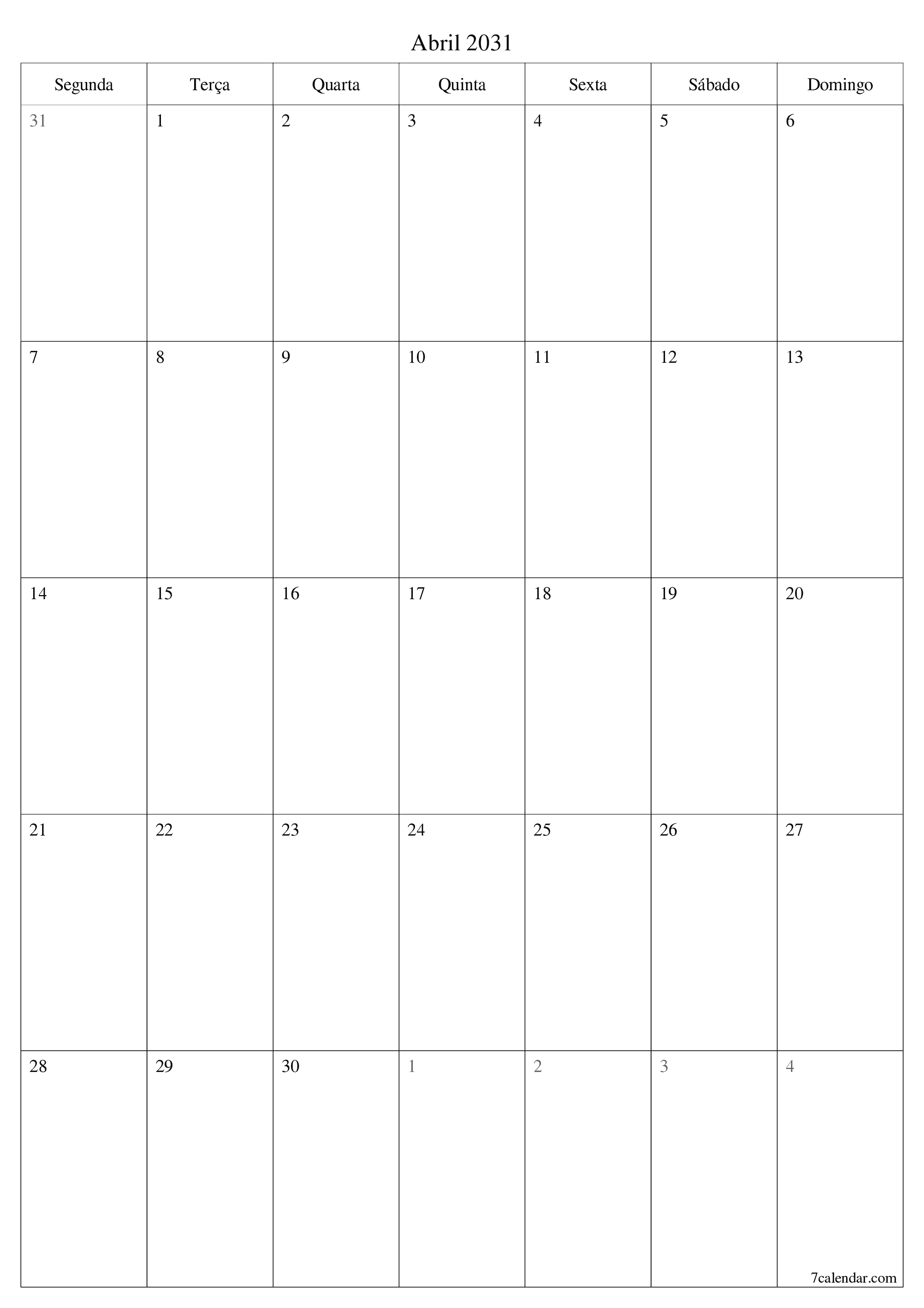  para impressão de parede modelo de grátisvertical Mensal planejador calendário Abril (Abr) 2031