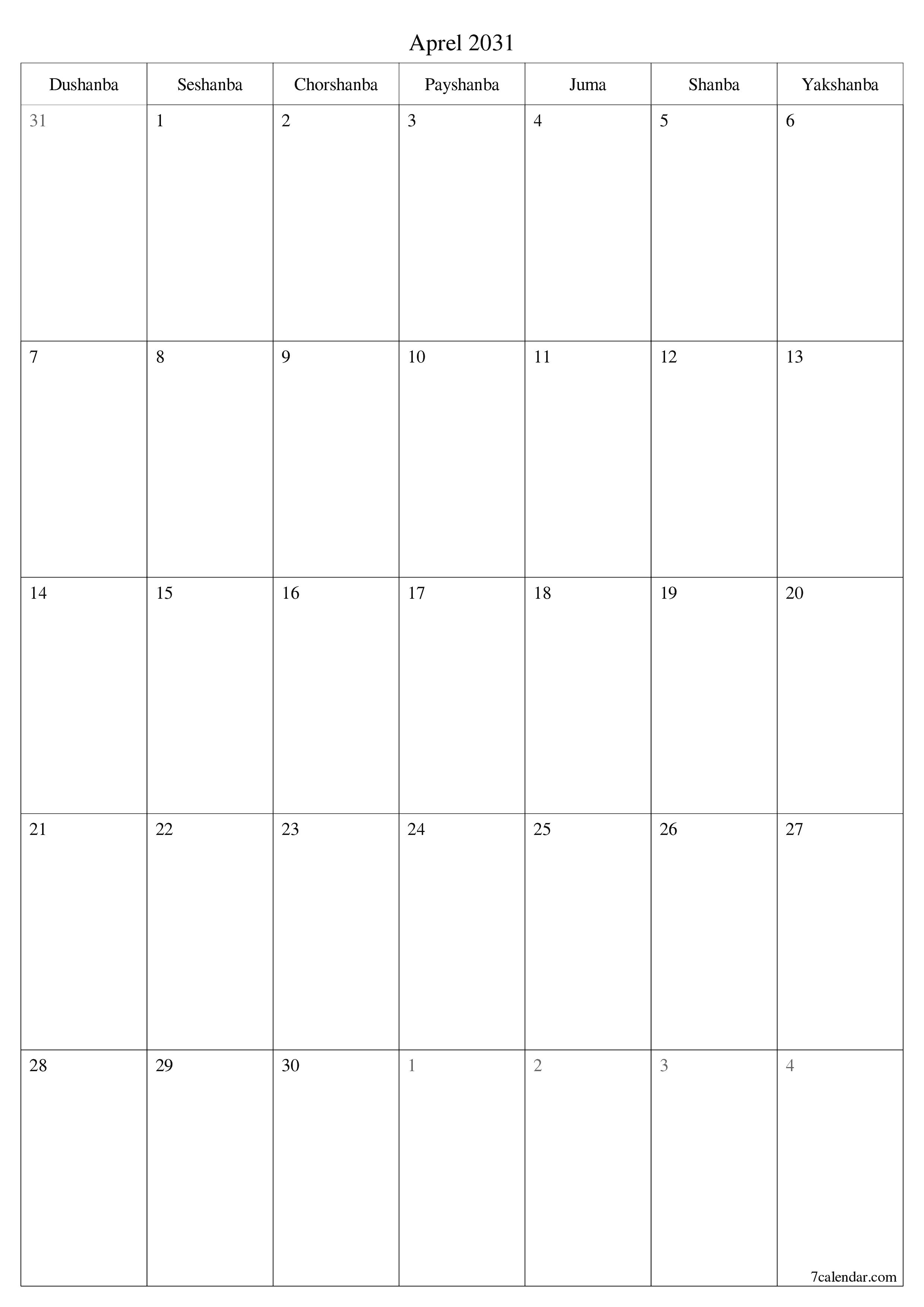 chop etiladigan devor taqvimi shabloni bepul vertikal Oylik rejalashtiruvchi kalendar Aprel (Apr) 2031