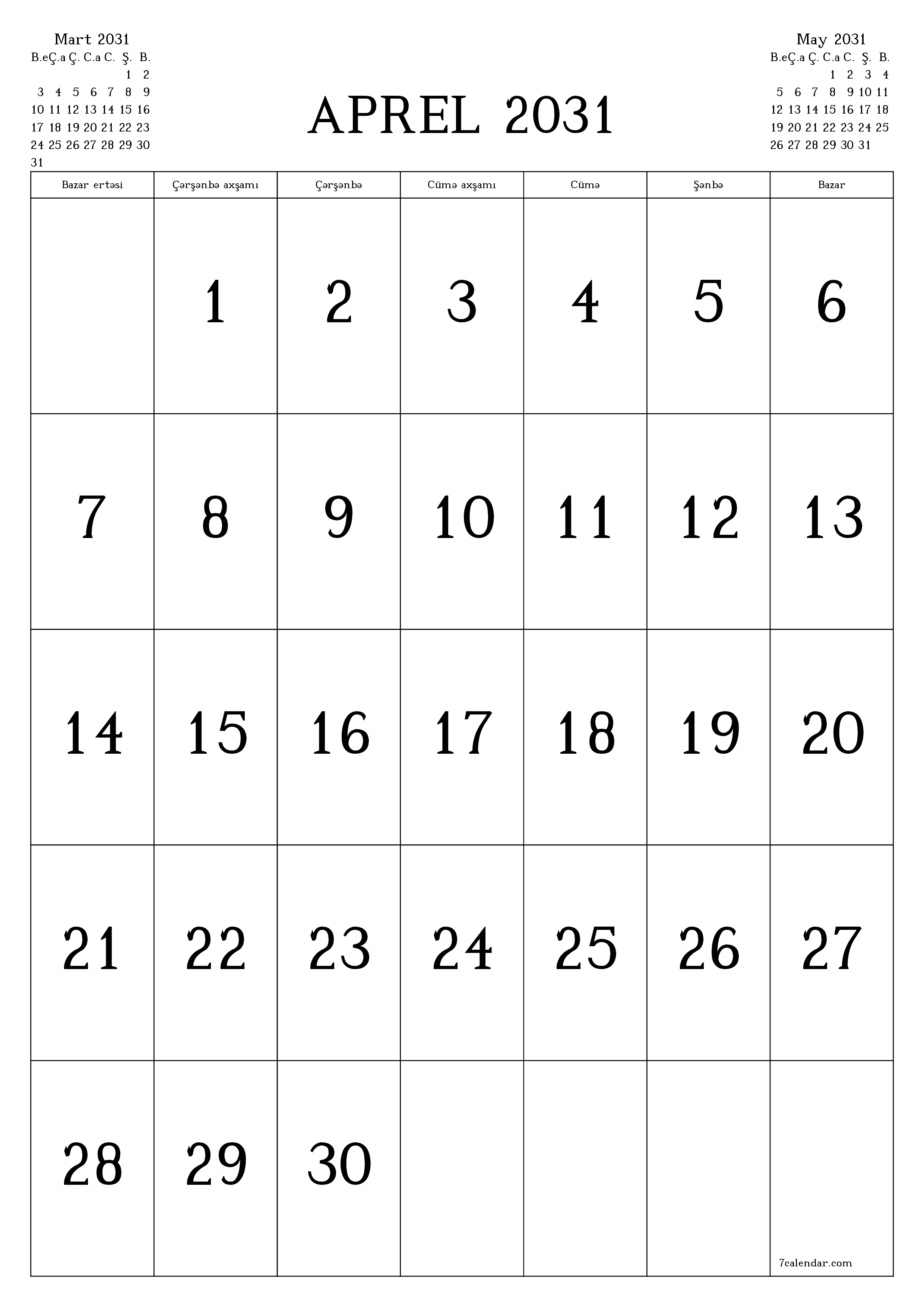 çap edilə bilən divar i şablonu pulsuz şaquli Aylıq təqvim Aprel (Apr) 2031