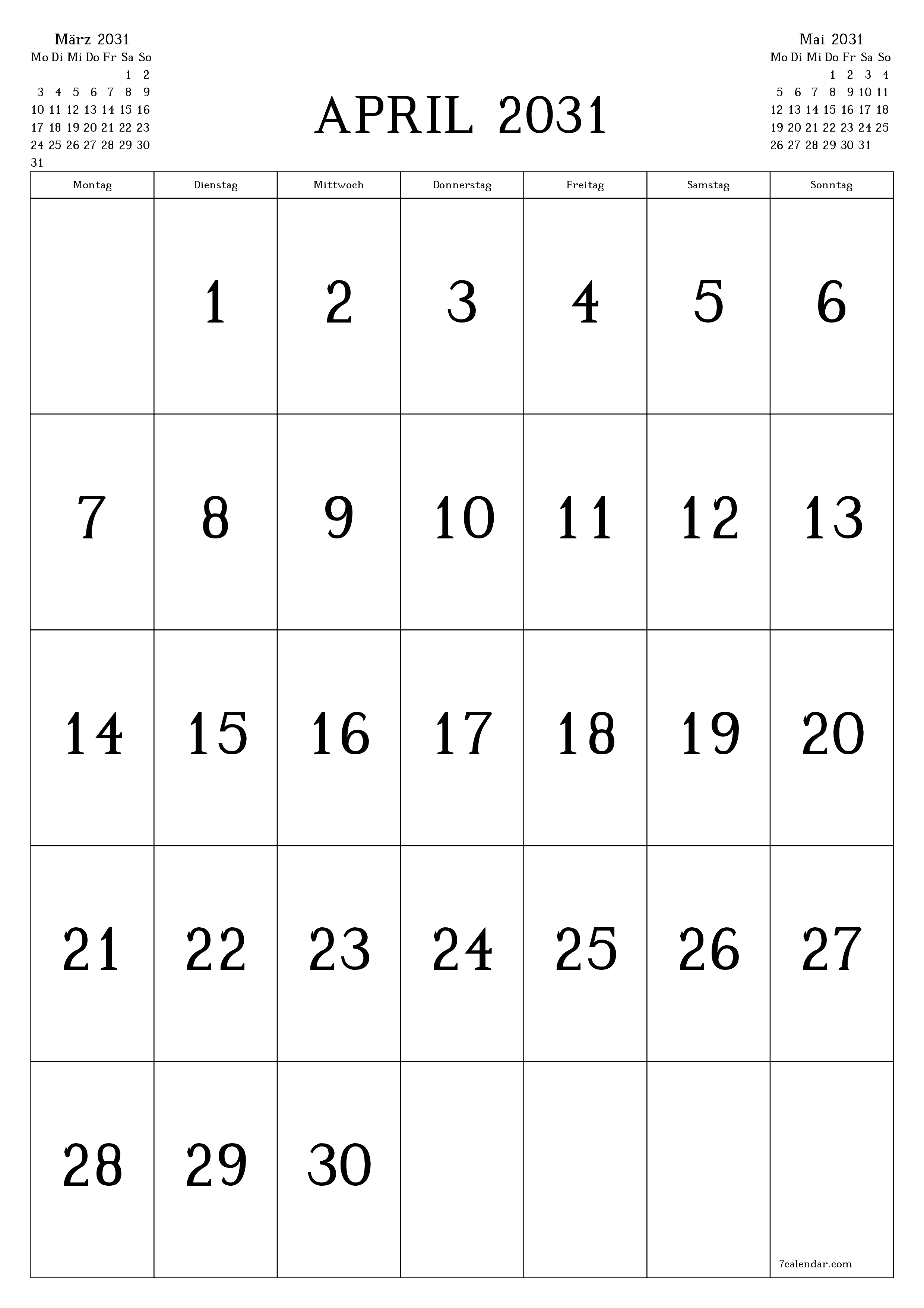  zum Ausdrucken Wandkalender vorlage kostenloser vertikal Monatlich Kalender April (Apr) 2031