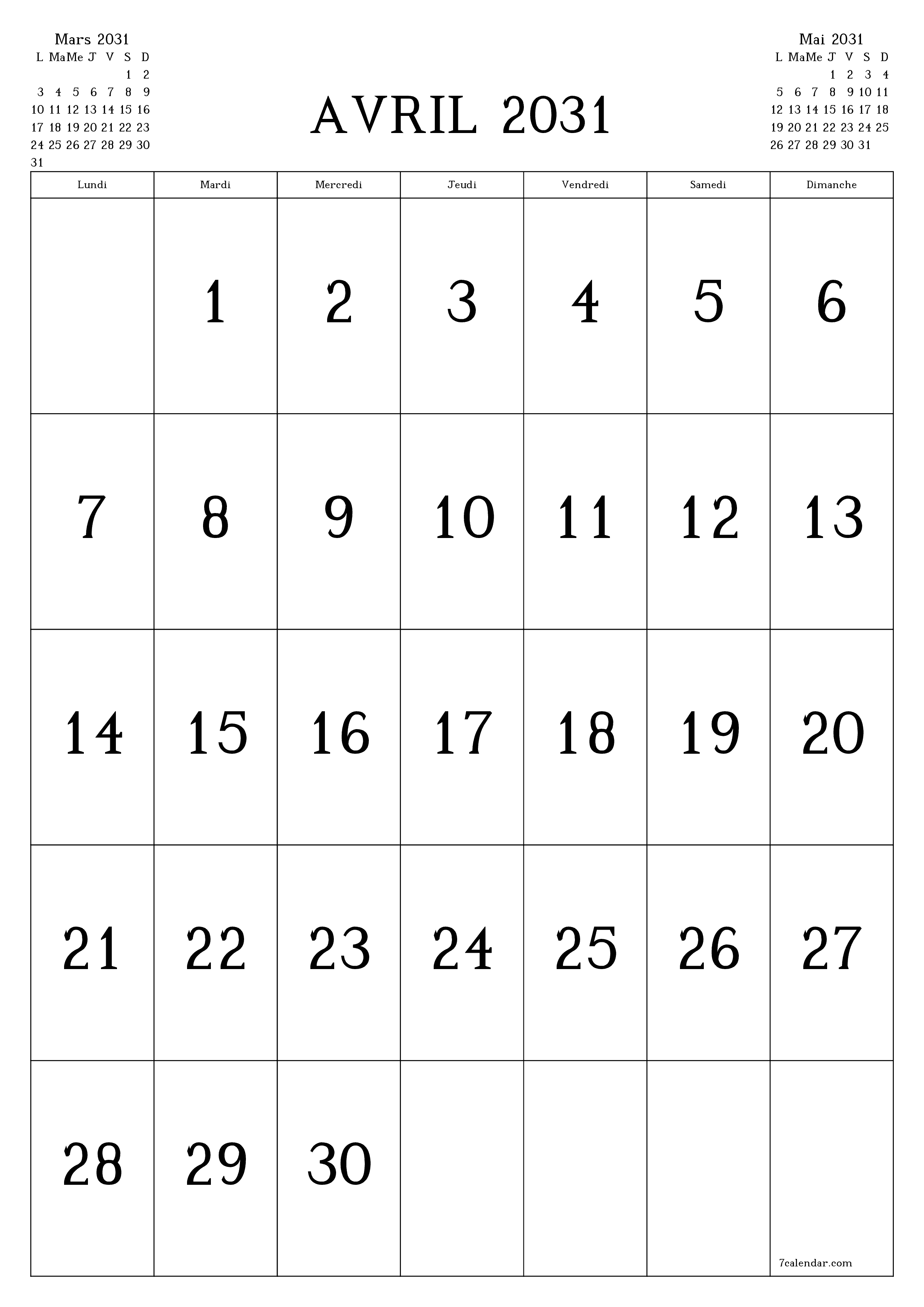  imprimable mural modèle de gratuitverticale Mensuel calendrier Avril (Avr) 2031