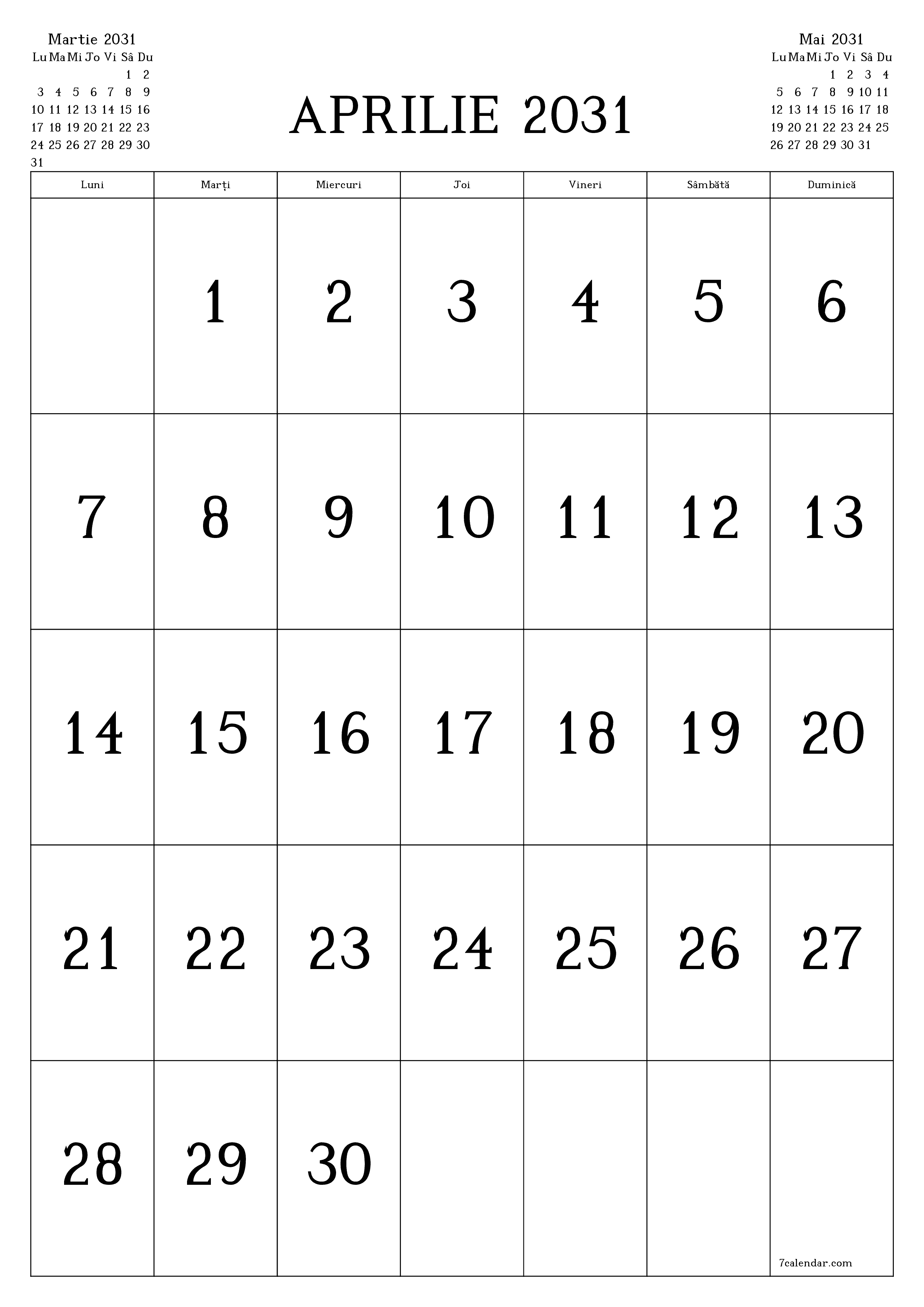  imprimabil de perete șablon de gratuitvertical Lunar calendar Aprilie (Apr) 2031