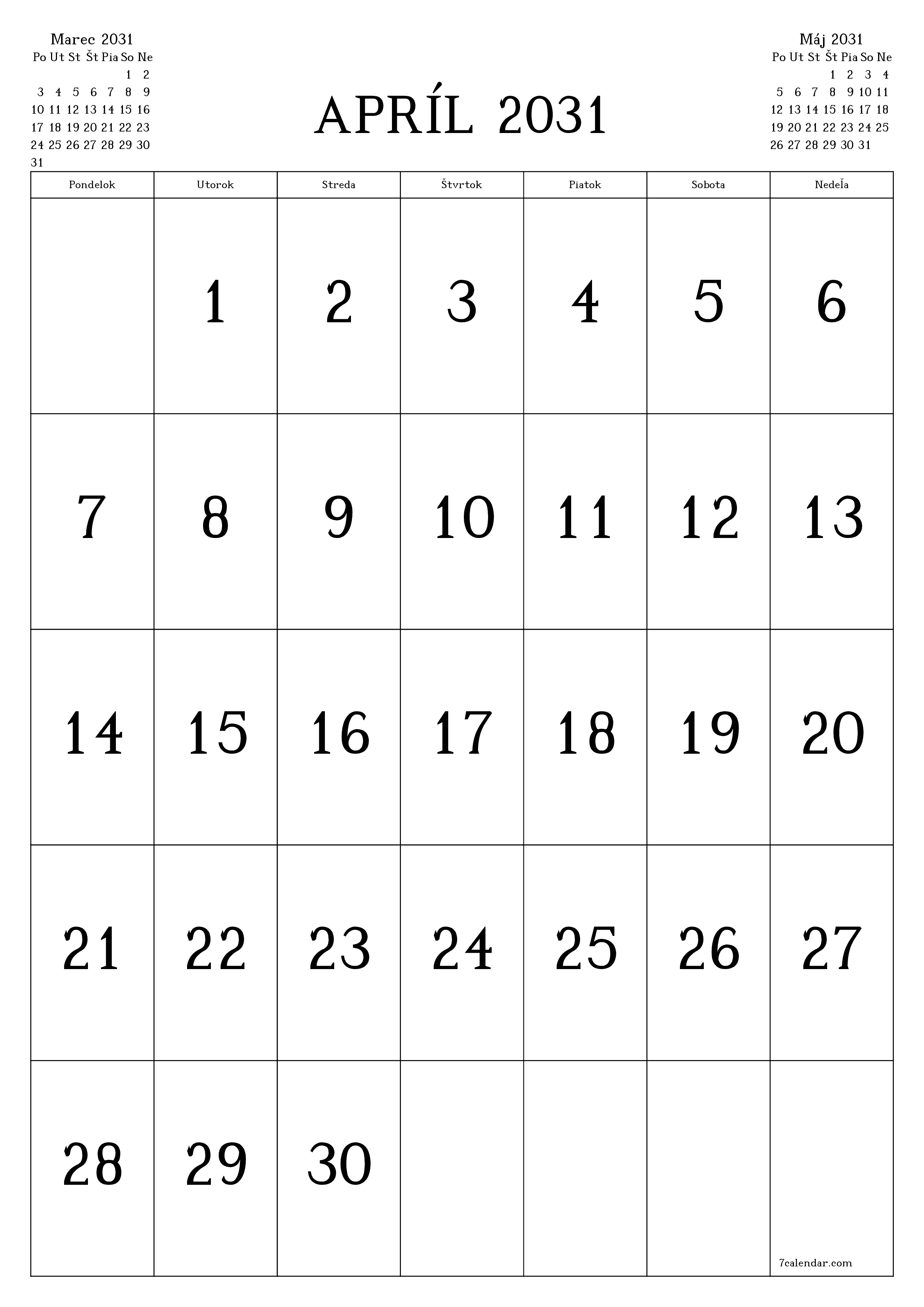 vytlačiteľný nástenný šablóna a bezplatný вертикальный Mesačne kalendár Apríl (Apr) 2031