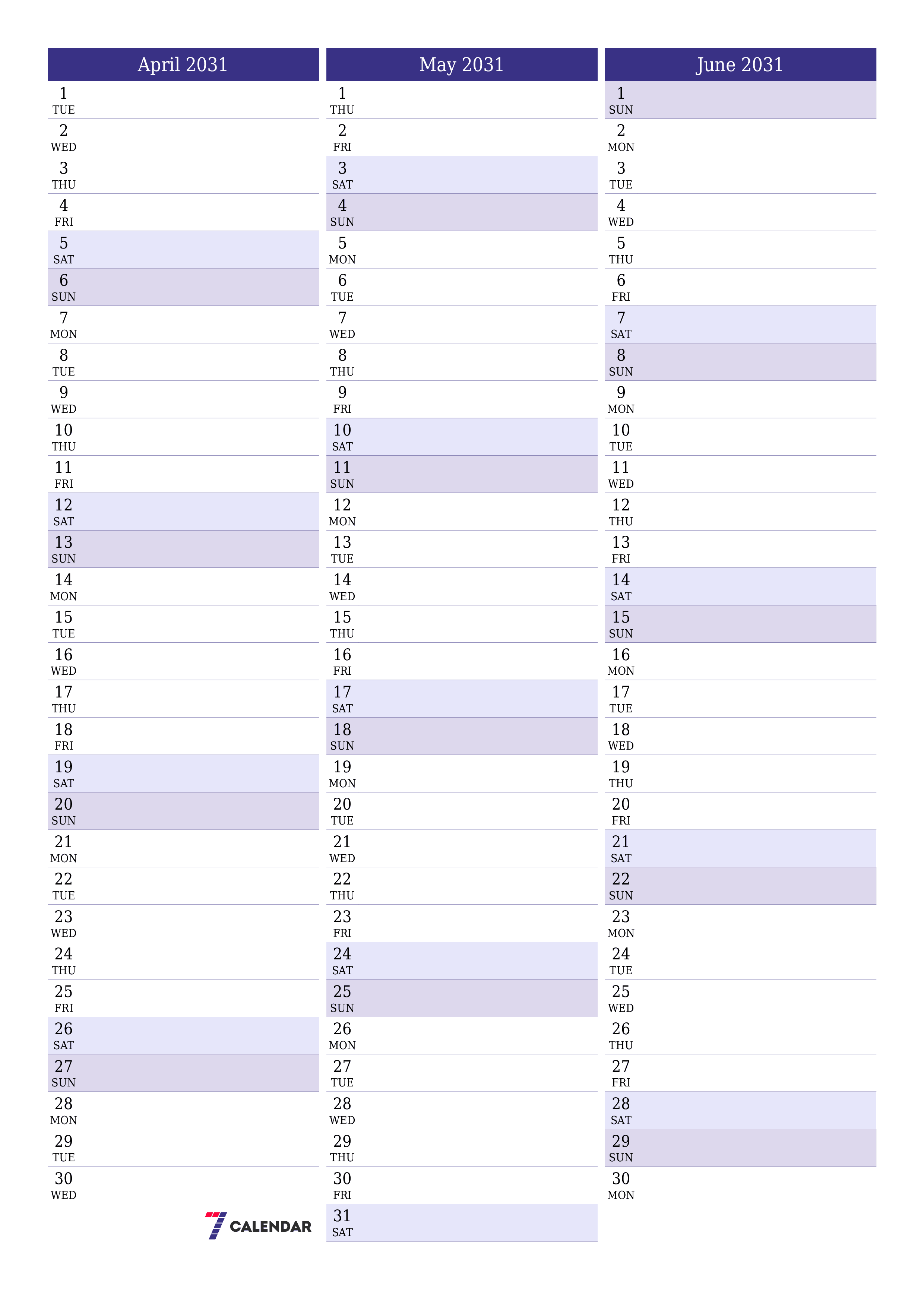 printable wall template free vertical Monthly planner calendar April (Apr) 2031