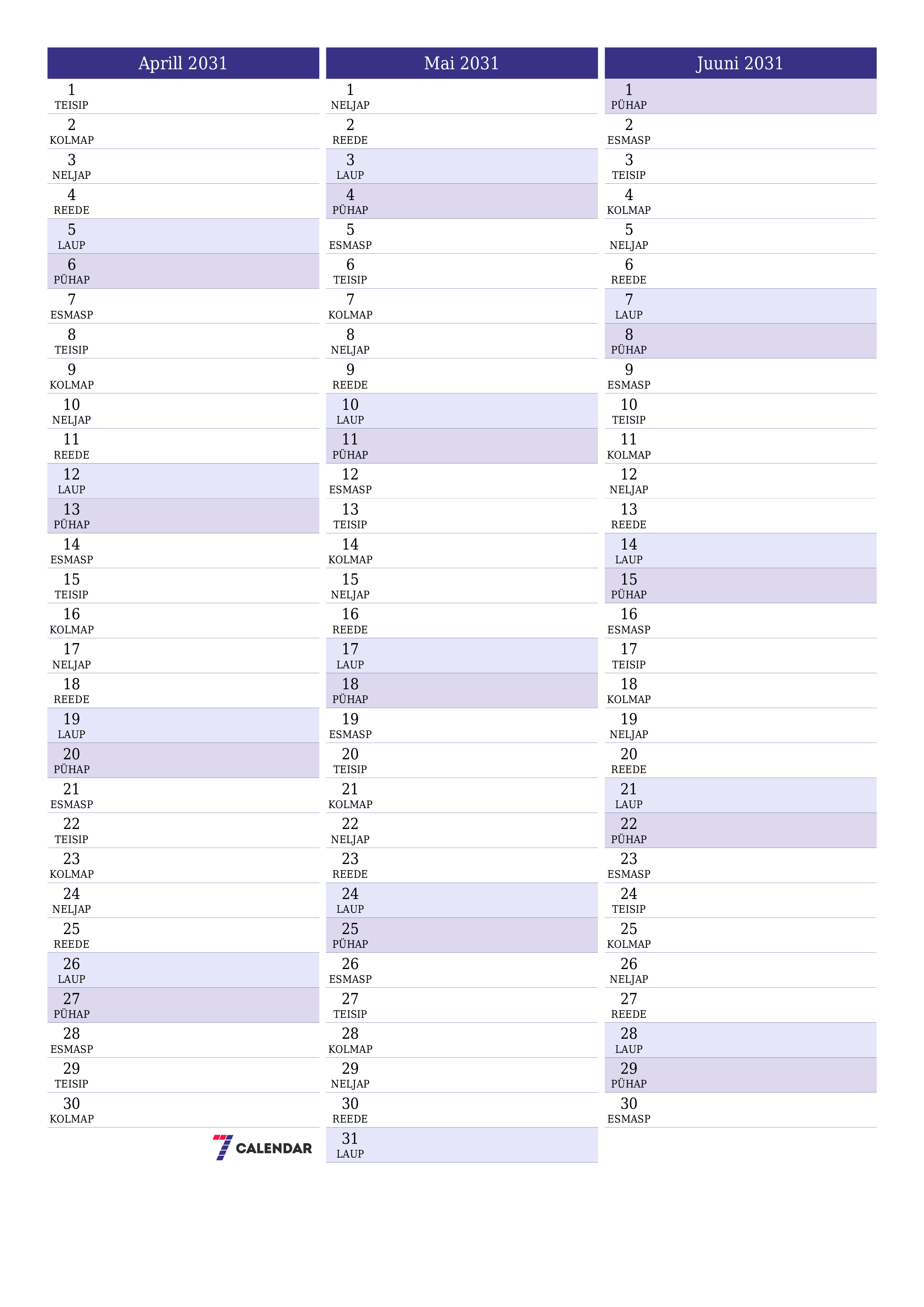 prinditav seina kalendri mall tasuta vertikaalne Igakuine planeerija kalender Aprill (Apr) 2031