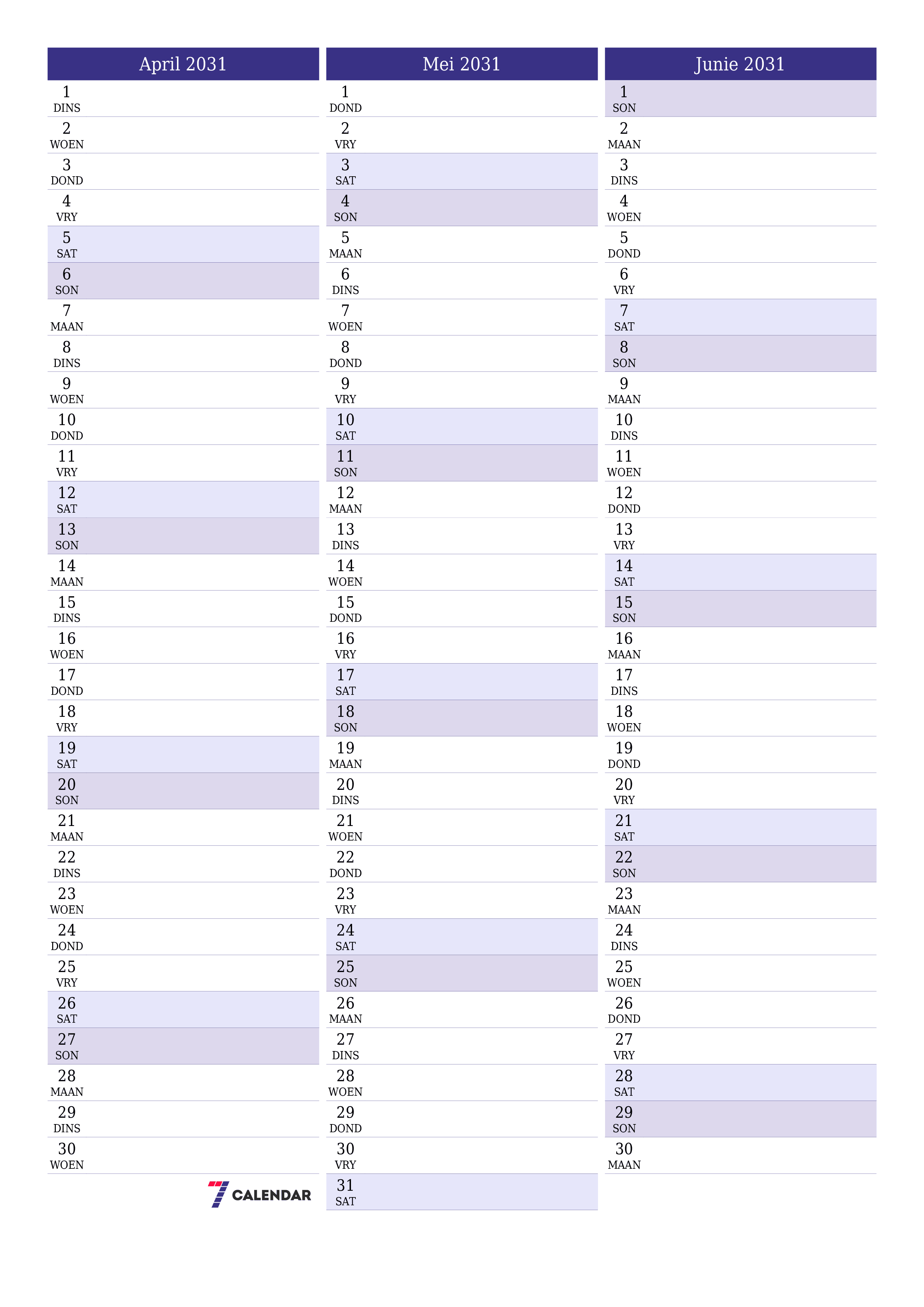 drukbare muur template gratis vertikaal Maandeliks beplanner kalender April (Apr) 2031