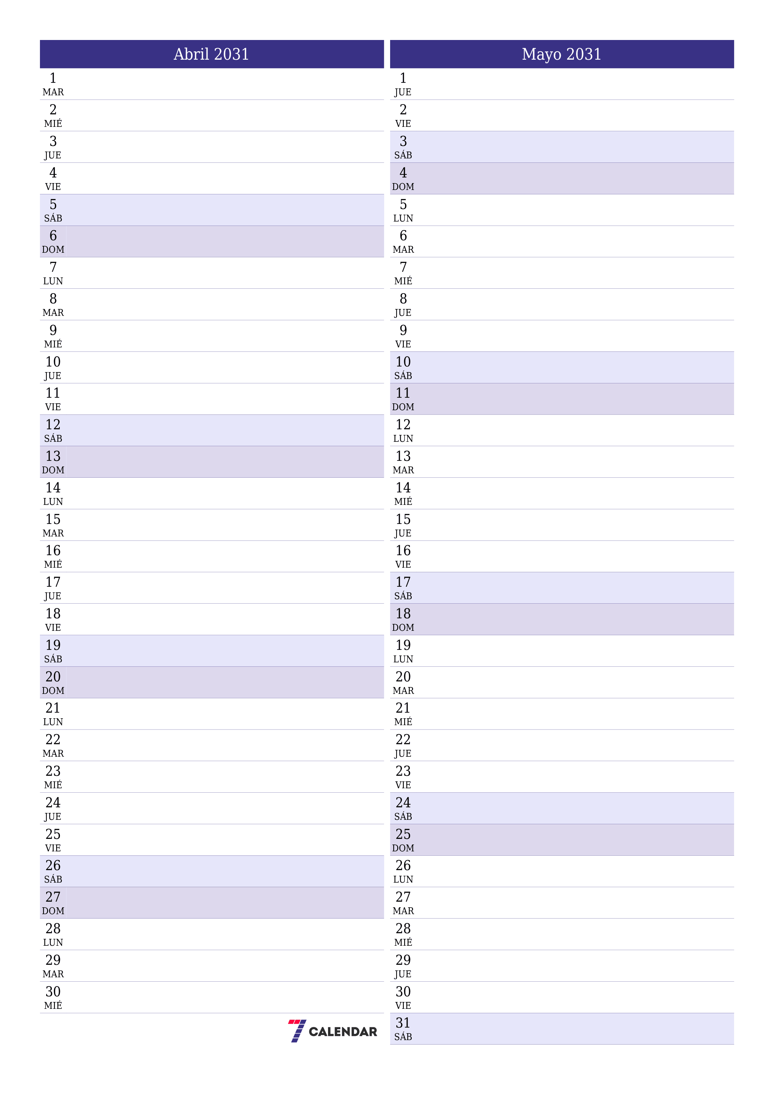  imprimible de pared plantilla de gratisvertical Mensual planificador calendario Abril (Abr) 2031