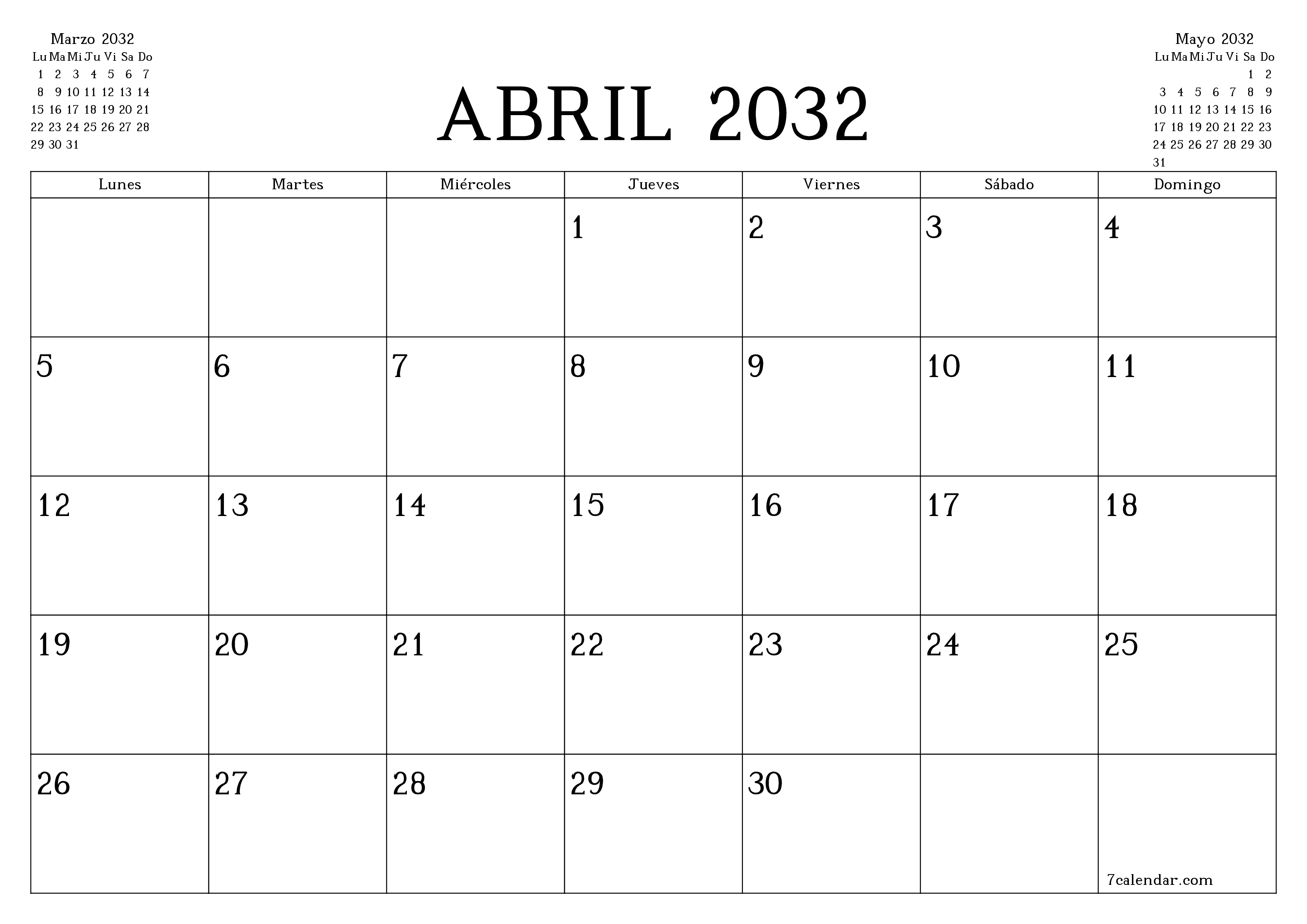 Planificador mensual vacío para el mes Abril 2032 con notas, guardar e imprimir en PDF PNG Spanish