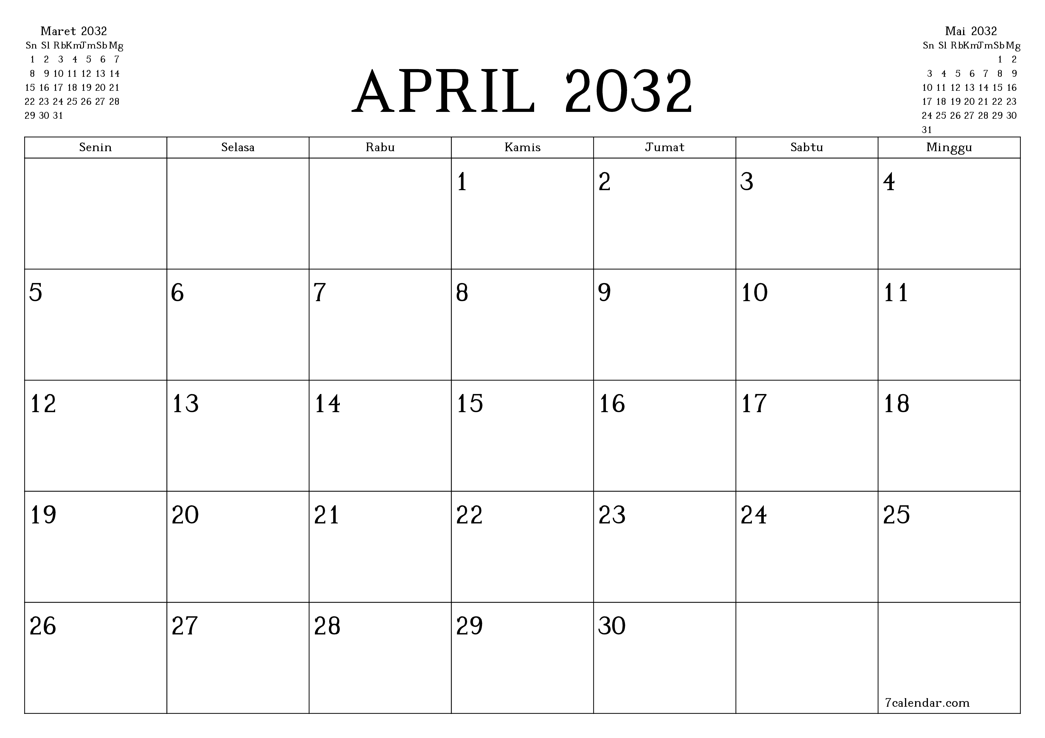 Kosongkan agenda bulanan untuk bulan April 2032 dengan catatan, simpan dan cetak ke PDF PNG Indonesian