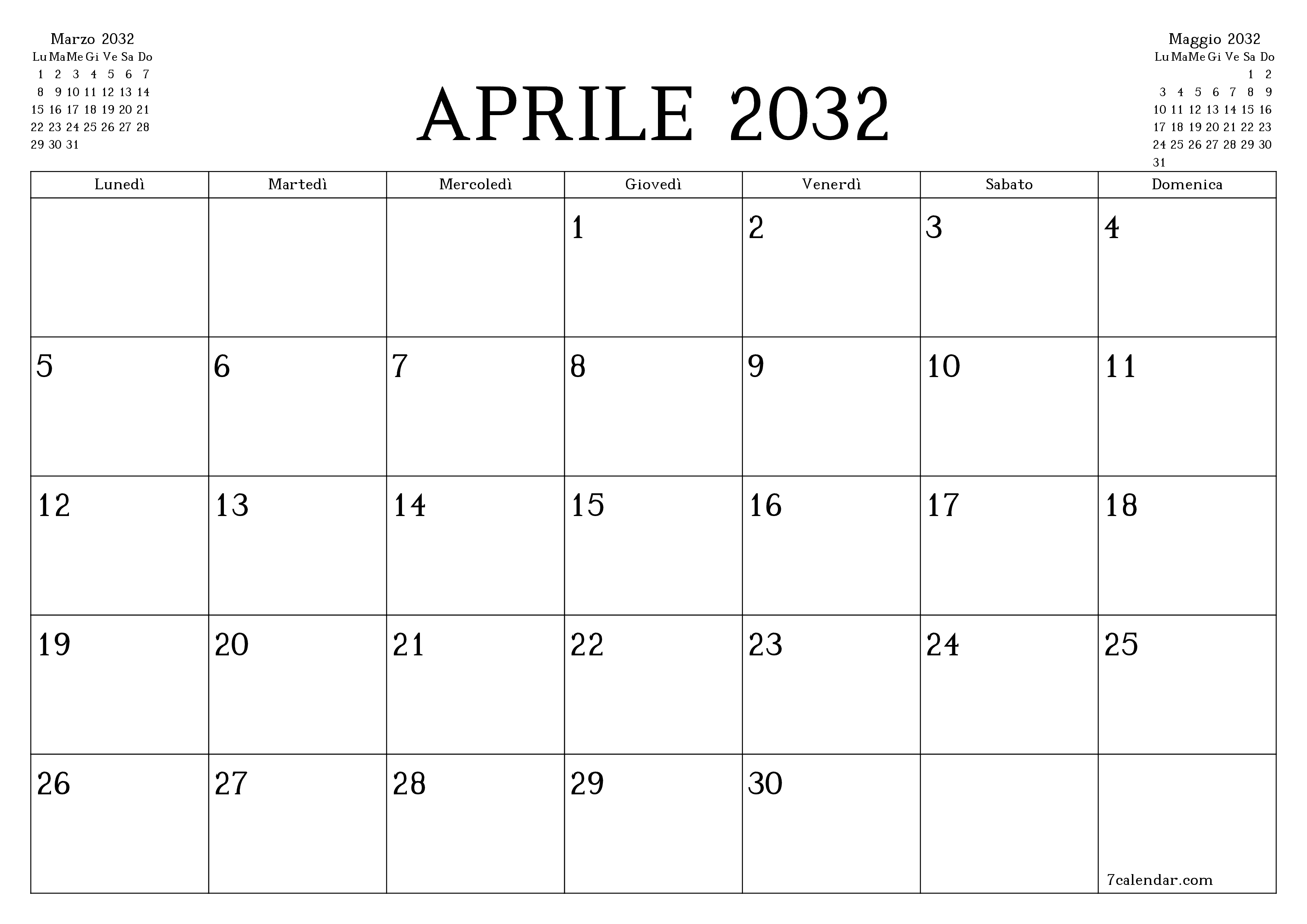 Pianificatore mensile vuoto per il mese Aprile 2032 con note, salva e stampa in PDF PNG Italian