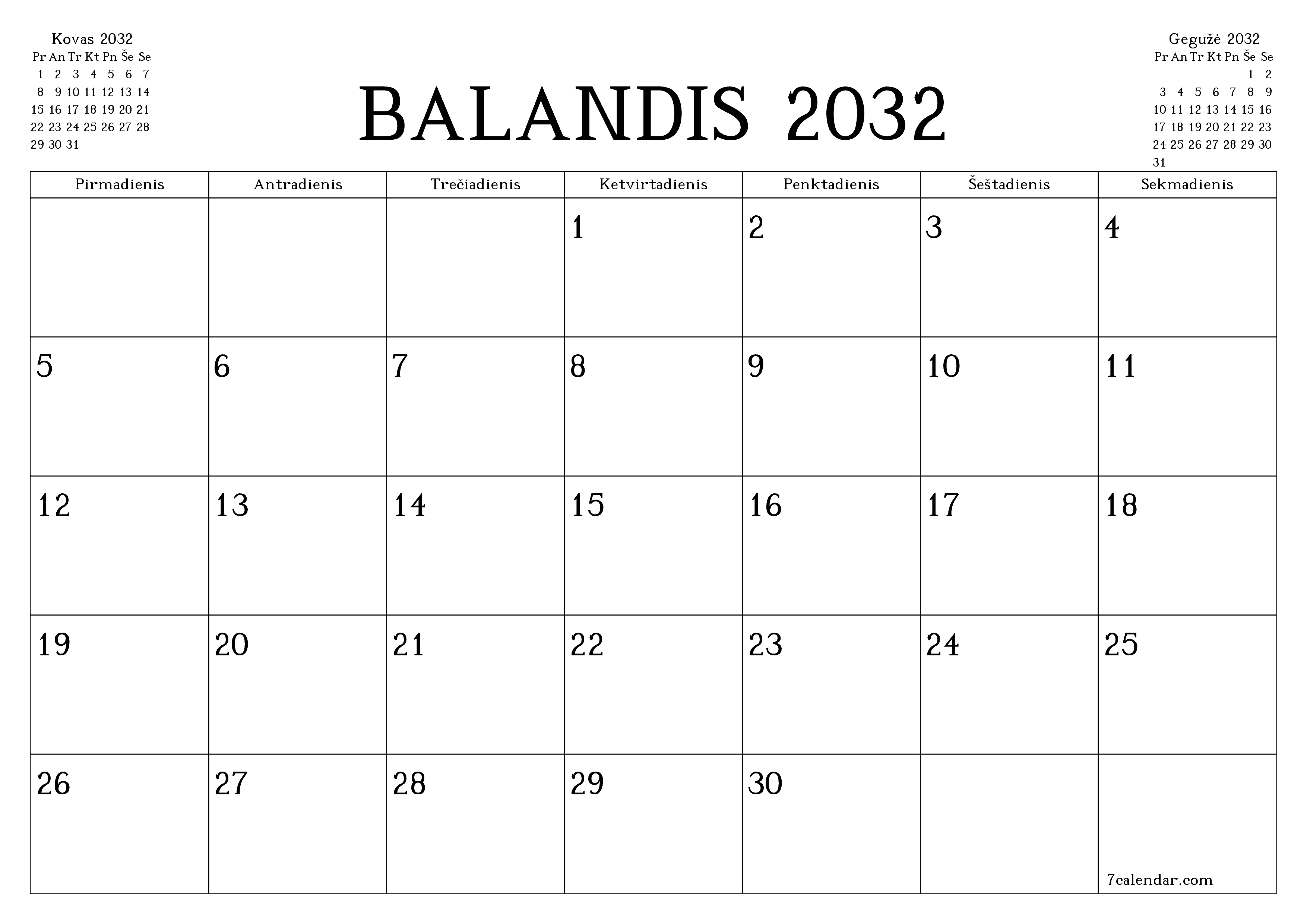 Ištuštinti mėnesio Balandis 2032 mėnesio planavimo priemonę su užrašais, išsaugoti ir atsispausdinti PDF formate PNG Lithuanian