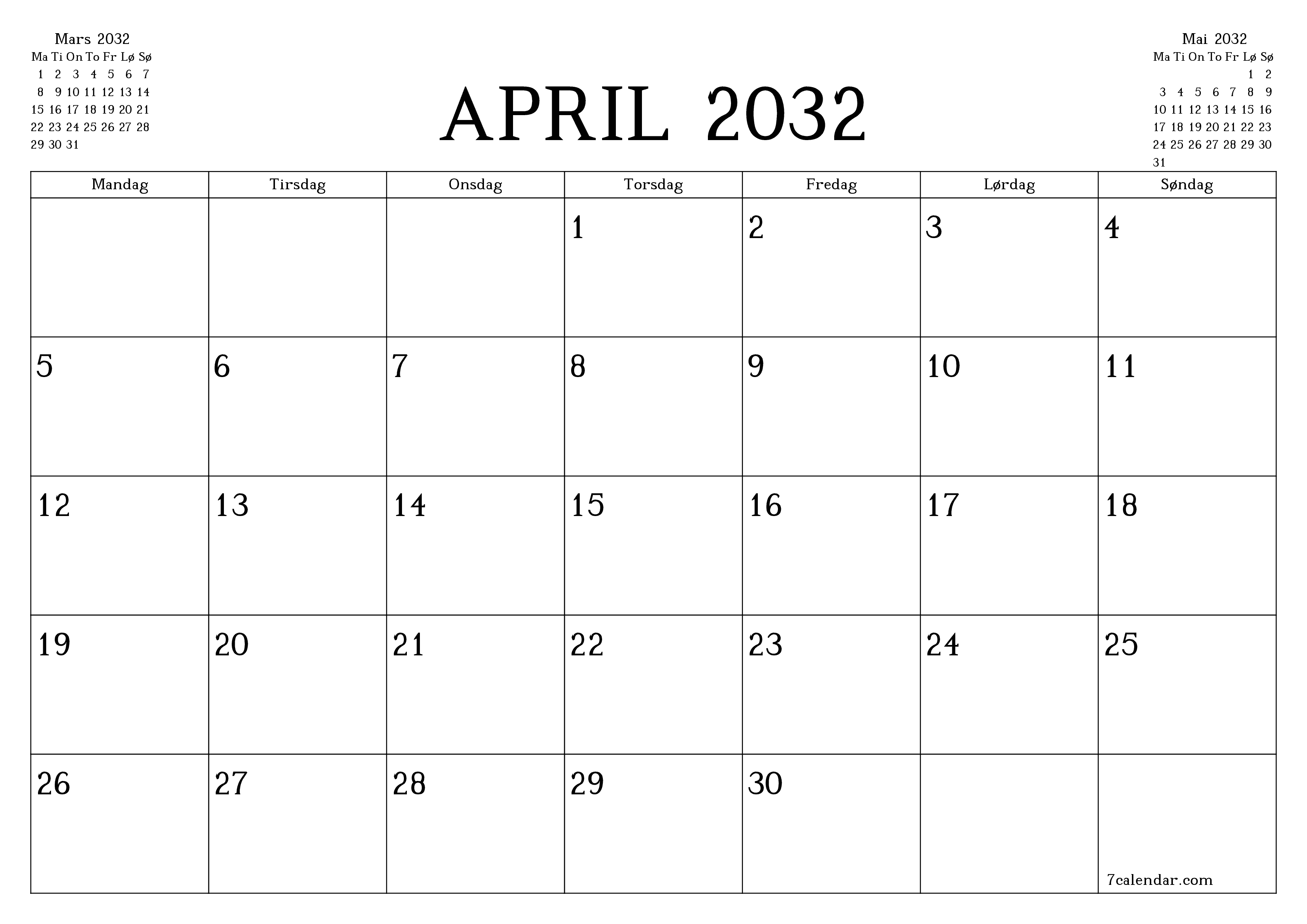Tom månedlig planlegger for måned April 2032 med notater, lagre og skriv ut til PDF PNG Norwegian