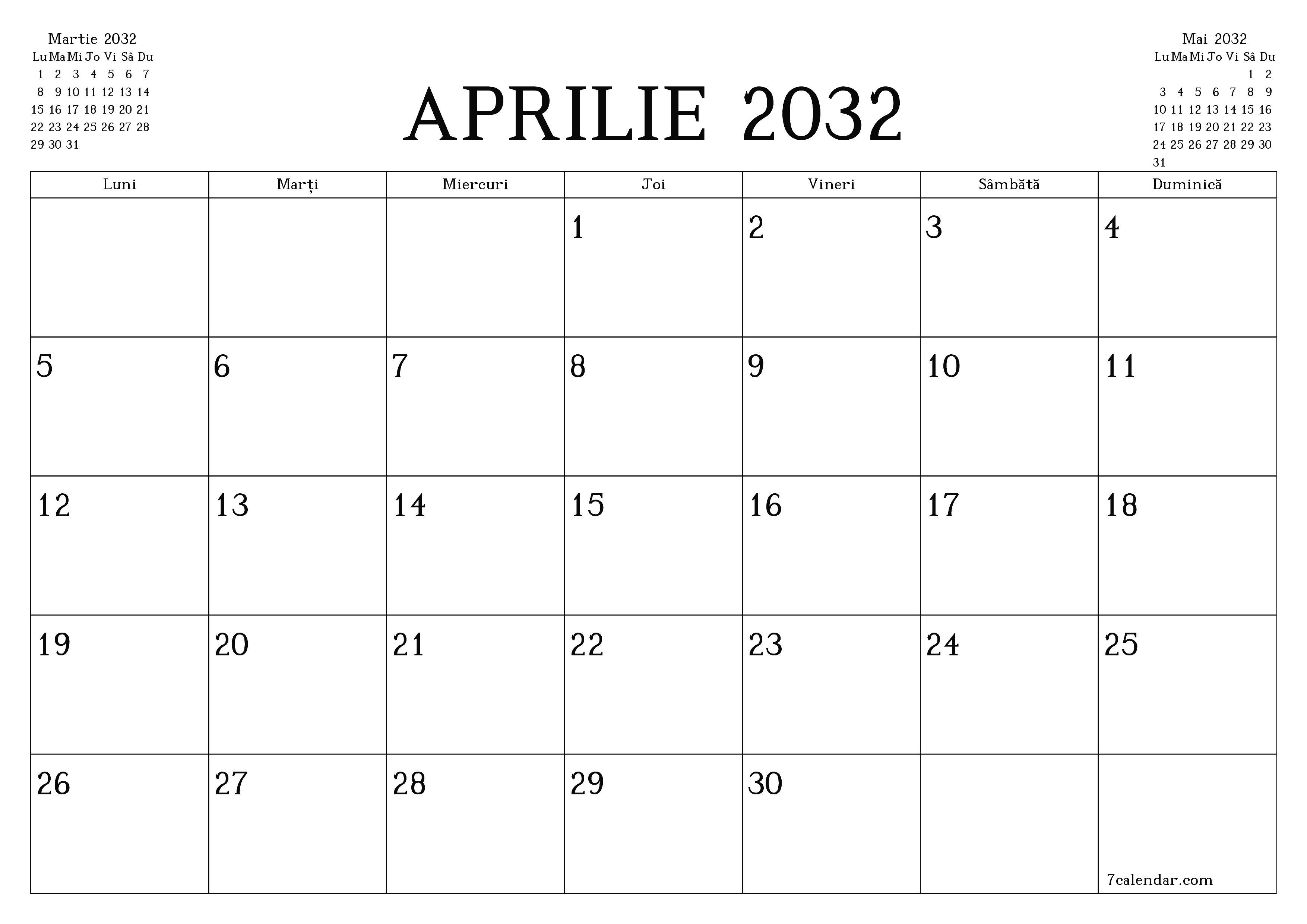 Planificator lunar gol pentru luna Aprilie 2032 cu note, salvați și tipăriți în PDF PNG Romanian