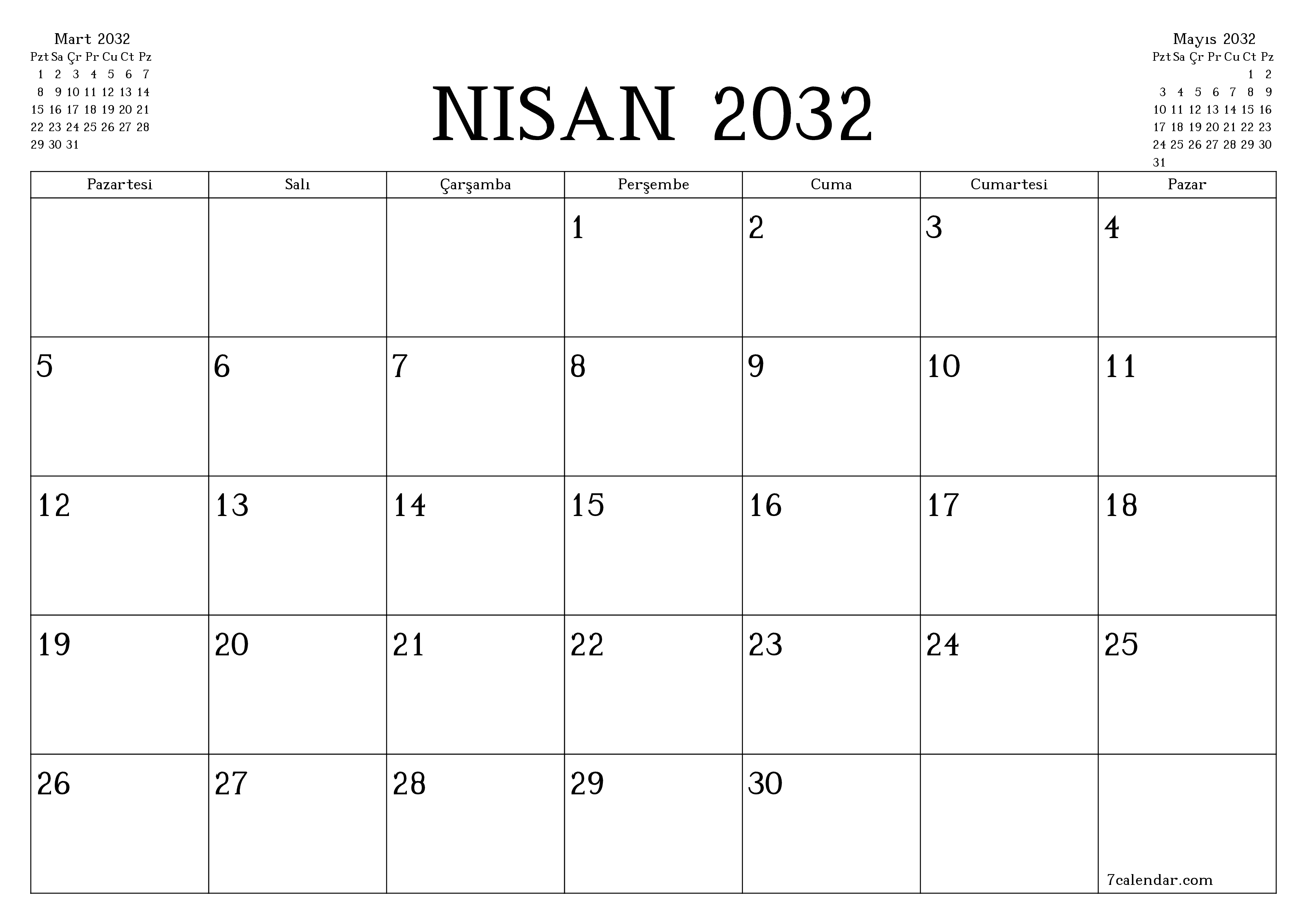 Nisan 2032 ayı için notlarla birlikte boş aylık planlayıcı, kaydedin ve PDF'ye yazdırın PNG Turkish
