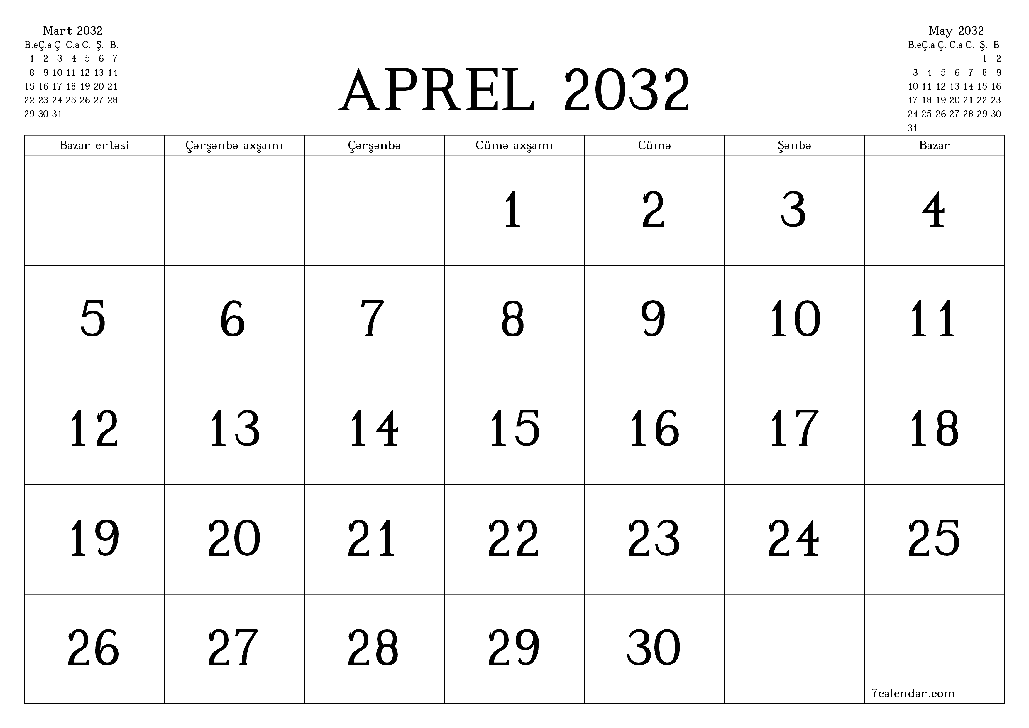 çap edilə bilən divar i şablonu pulsuz üfüqi Aylıq təqvim Aprel (Apr) 2032