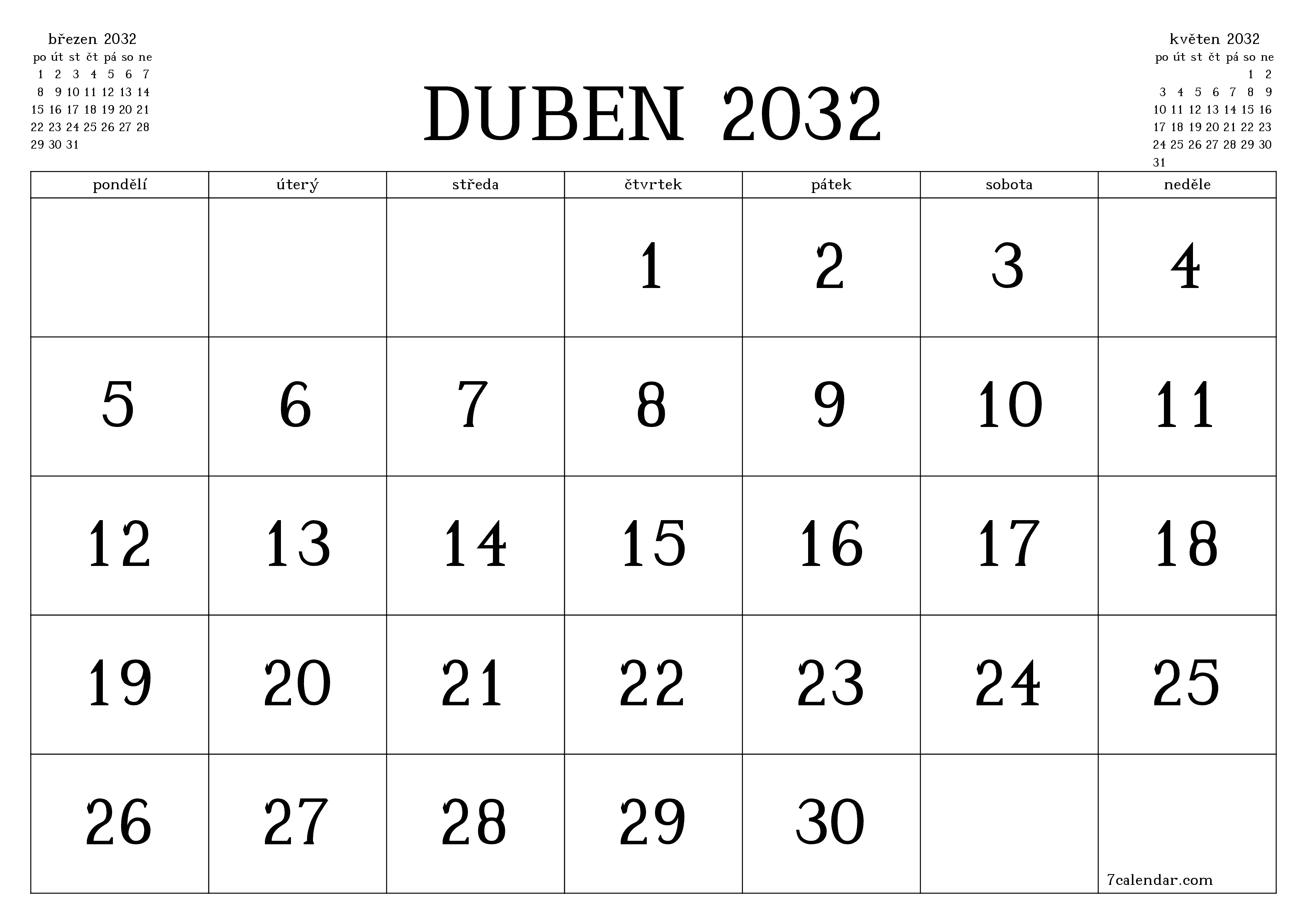 Vyprázdnit měsíční plánovač na měsíc duben 2032 s poznámkami, uložit a vytisknout do PDF PNG Czech