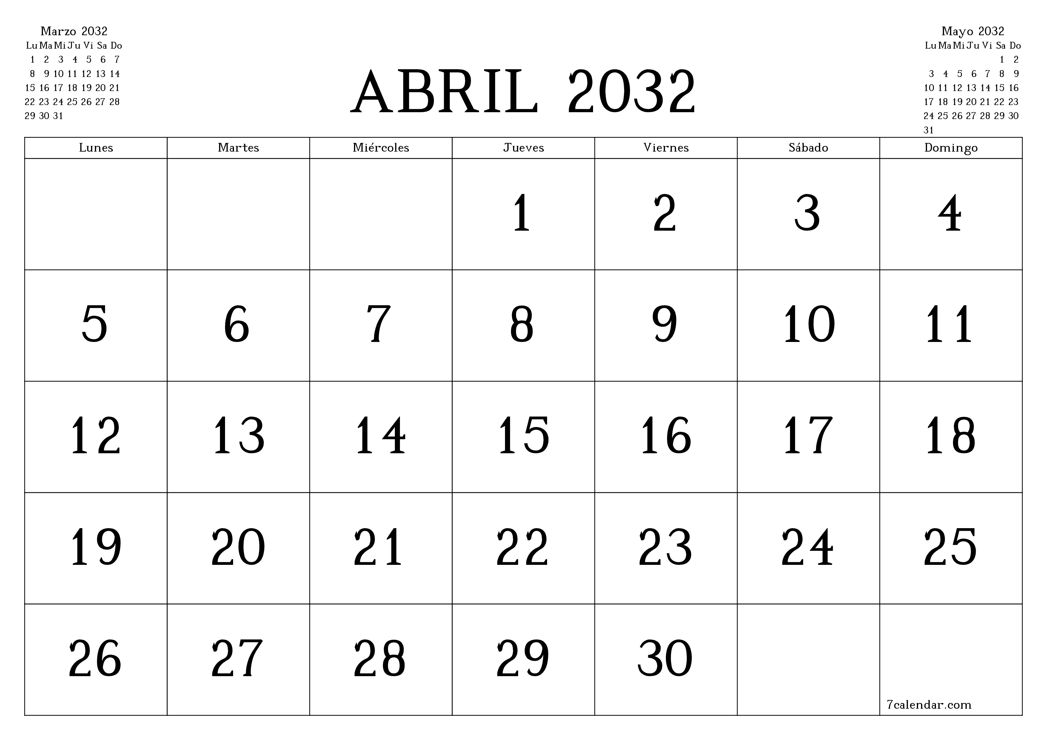 Planificador mensual vacío para el mes Abril 2032 con notas, guardar e imprimir en PDF PNG Spanish
