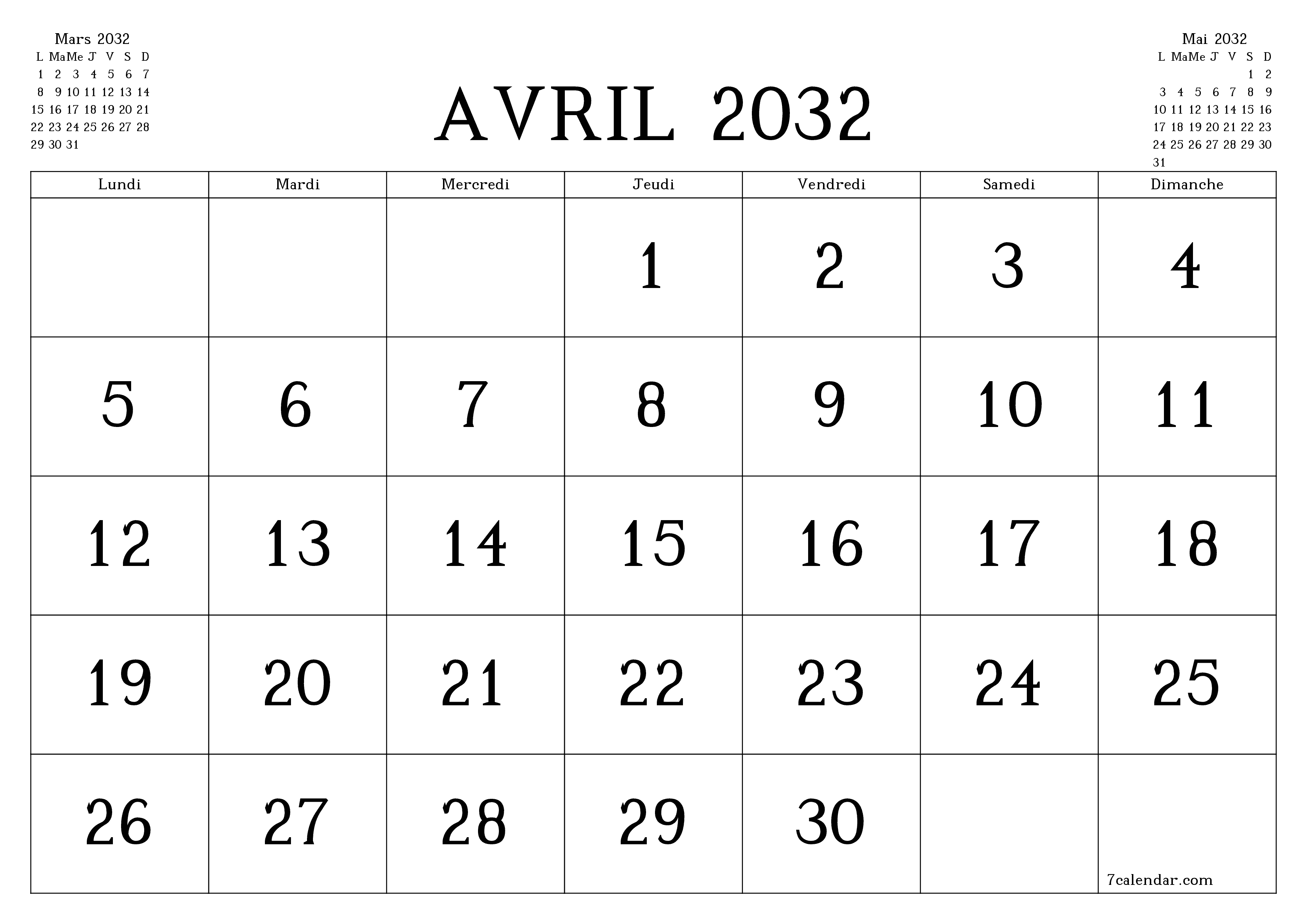 Agenda mensuel vide pour le mois Avril 2032 avec notes, enregistrez et imprimez au format PDF PNG French
