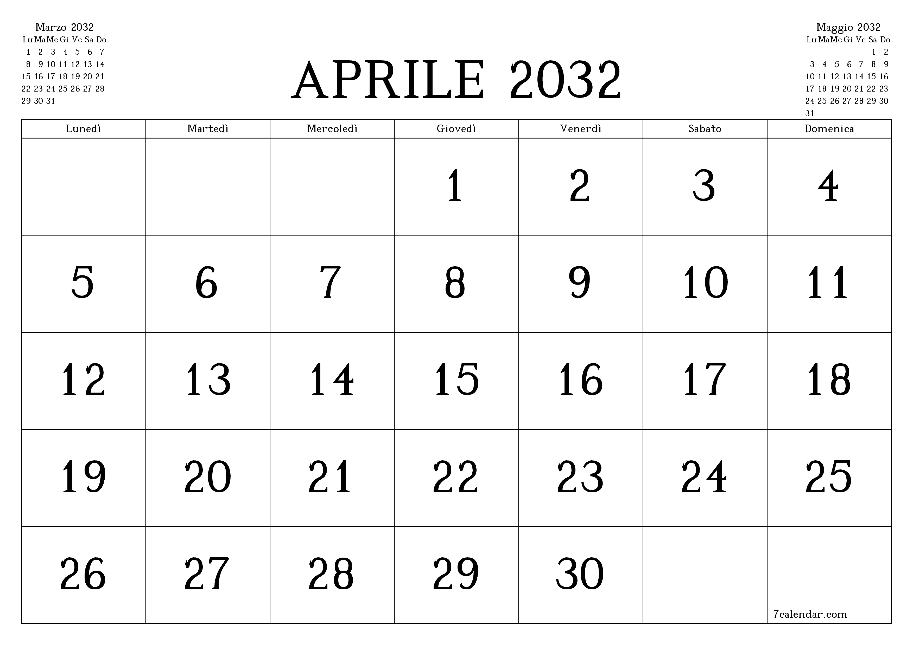 Pianificatore mensile vuoto per il mese Aprile 2032 con note, salva e stampa in PDF PNG Italian