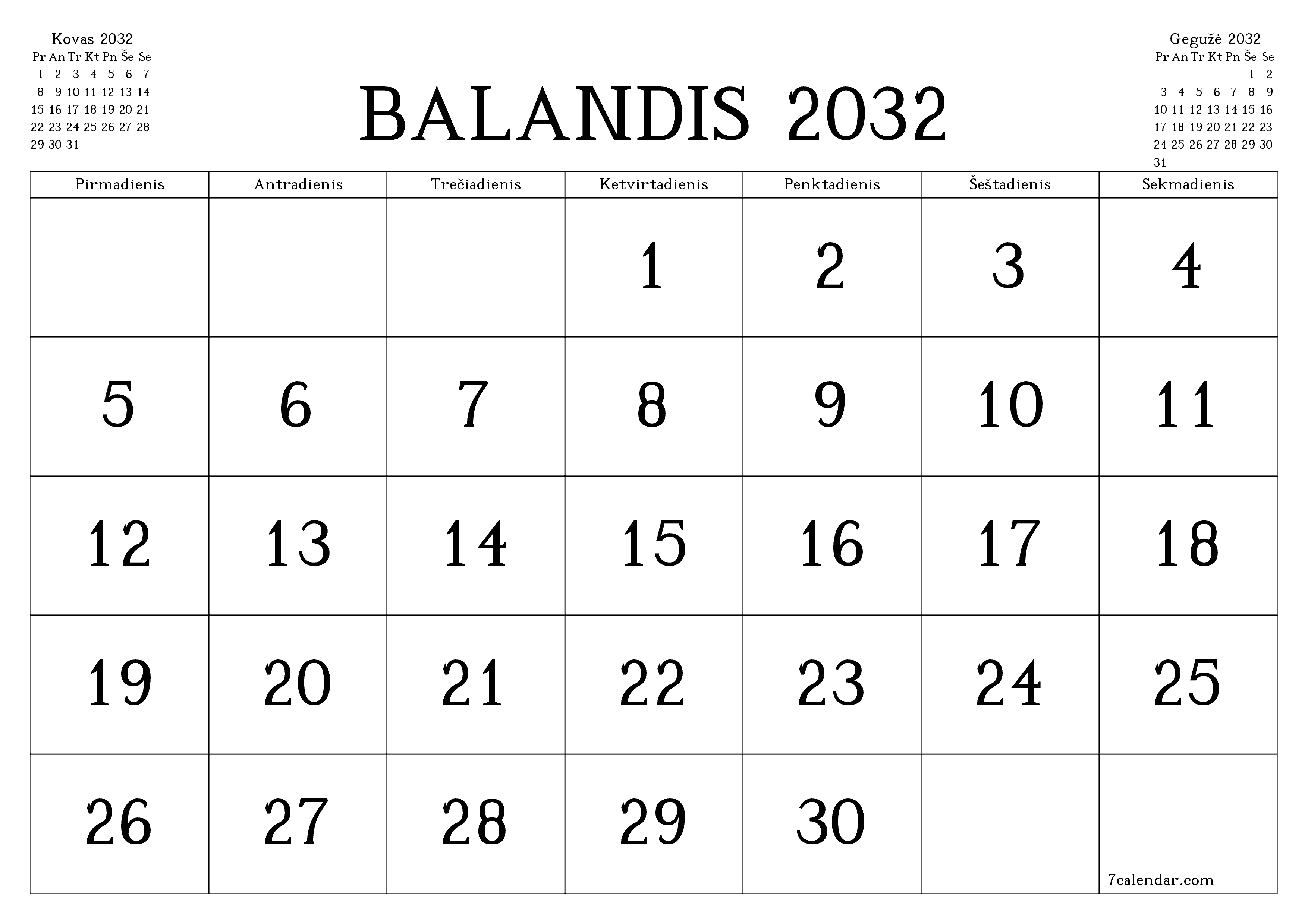 Ištuštinti mėnesio Balandis 2032 mėnesio planavimo priemonę su užrašais, išsaugoti ir atsispausdinti PDF formate PNG Lithuanian