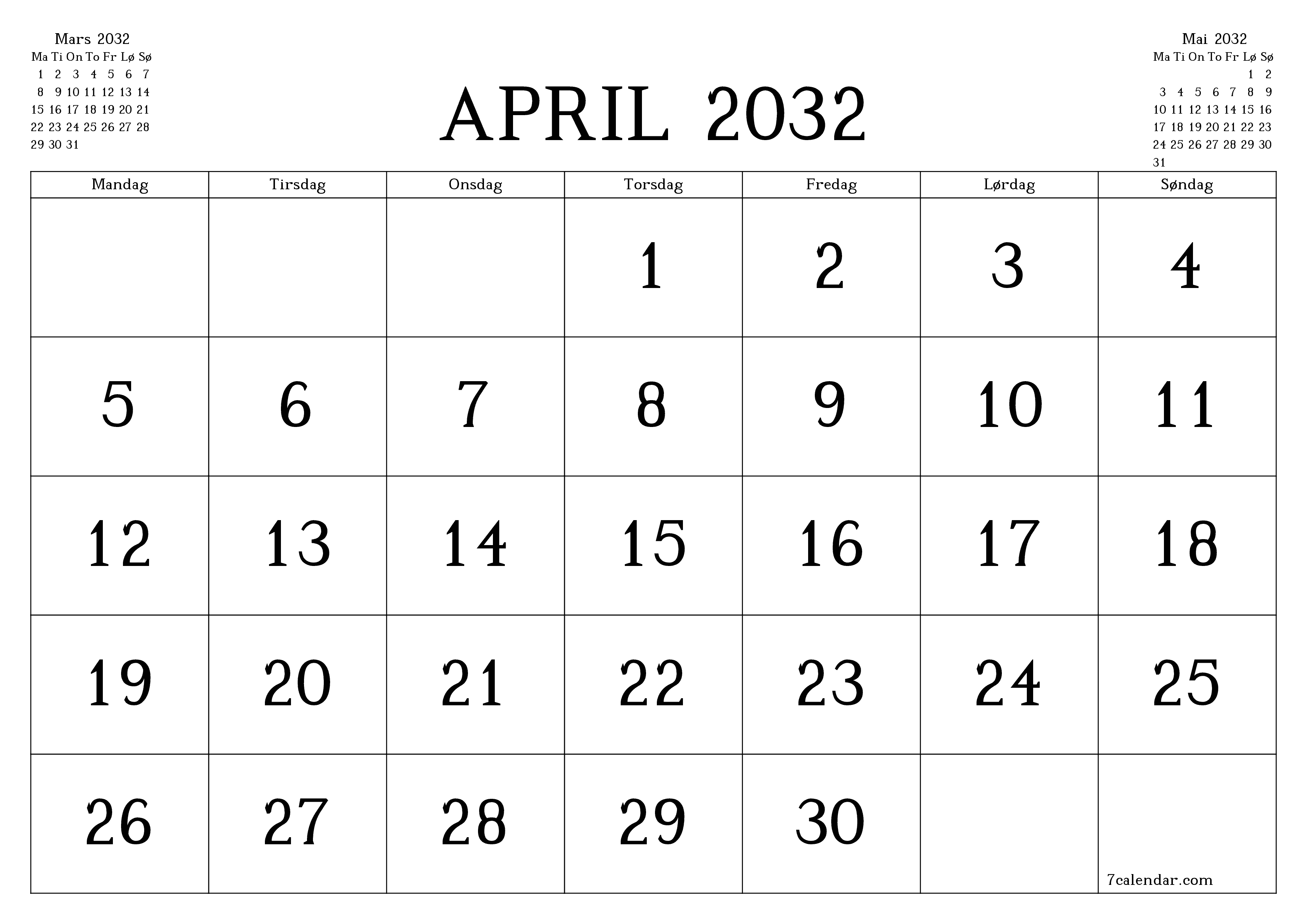 Tom månedlig planlegger for måned April 2032 med notater, lagre og skriv ut til PDF PNG Norwegian