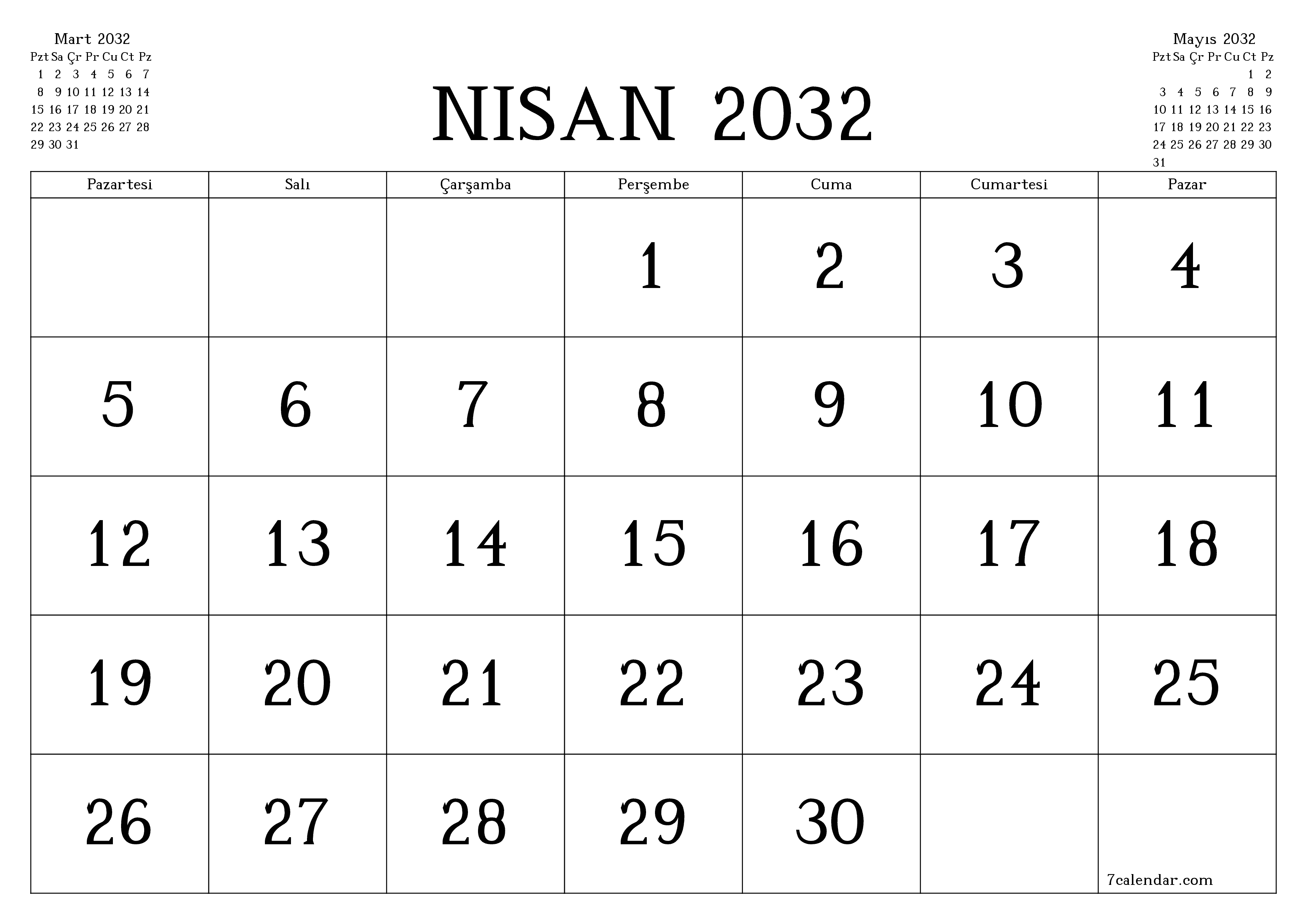 Nisan 2032 ayı için notlarla birlikte boş aylık planlayıcı, kaydedin ve PDF'ye yazdırın PNG Turkish