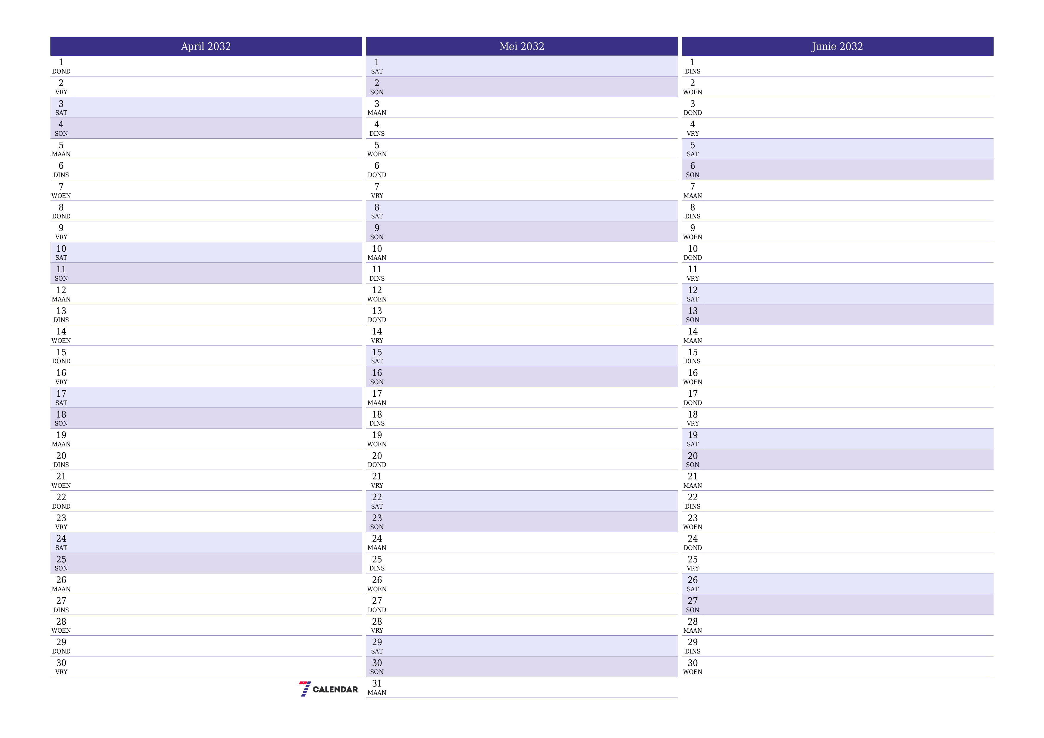 Leë maandelikse drukbare kalender en beplanner vir maand April 2032 met notas stoor en druk na PDF PNG Afrikaans
