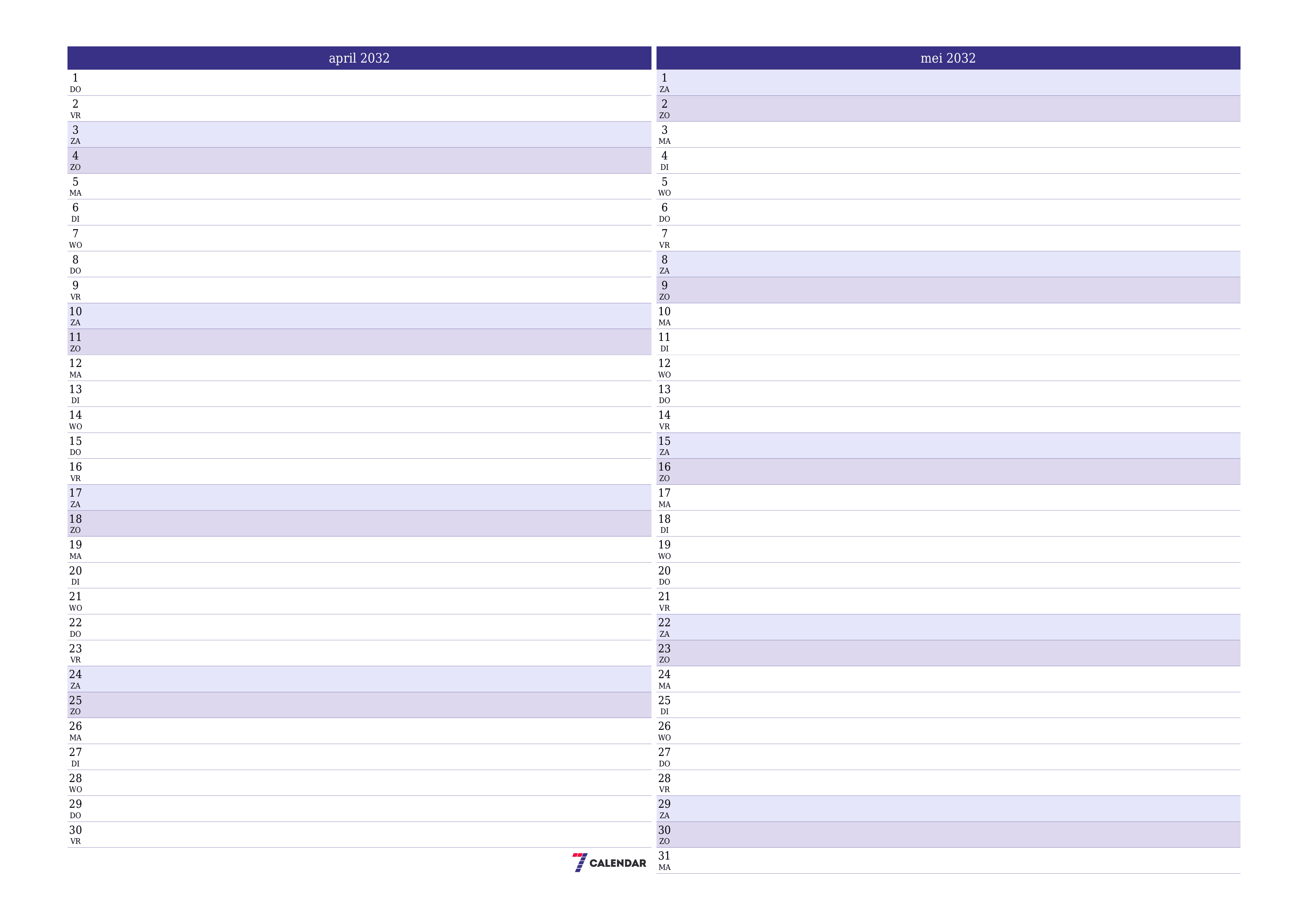 Lege maandplanner voor maand april 2032 met notities, opslaan en afdrukken naar pdf PNG Dutch