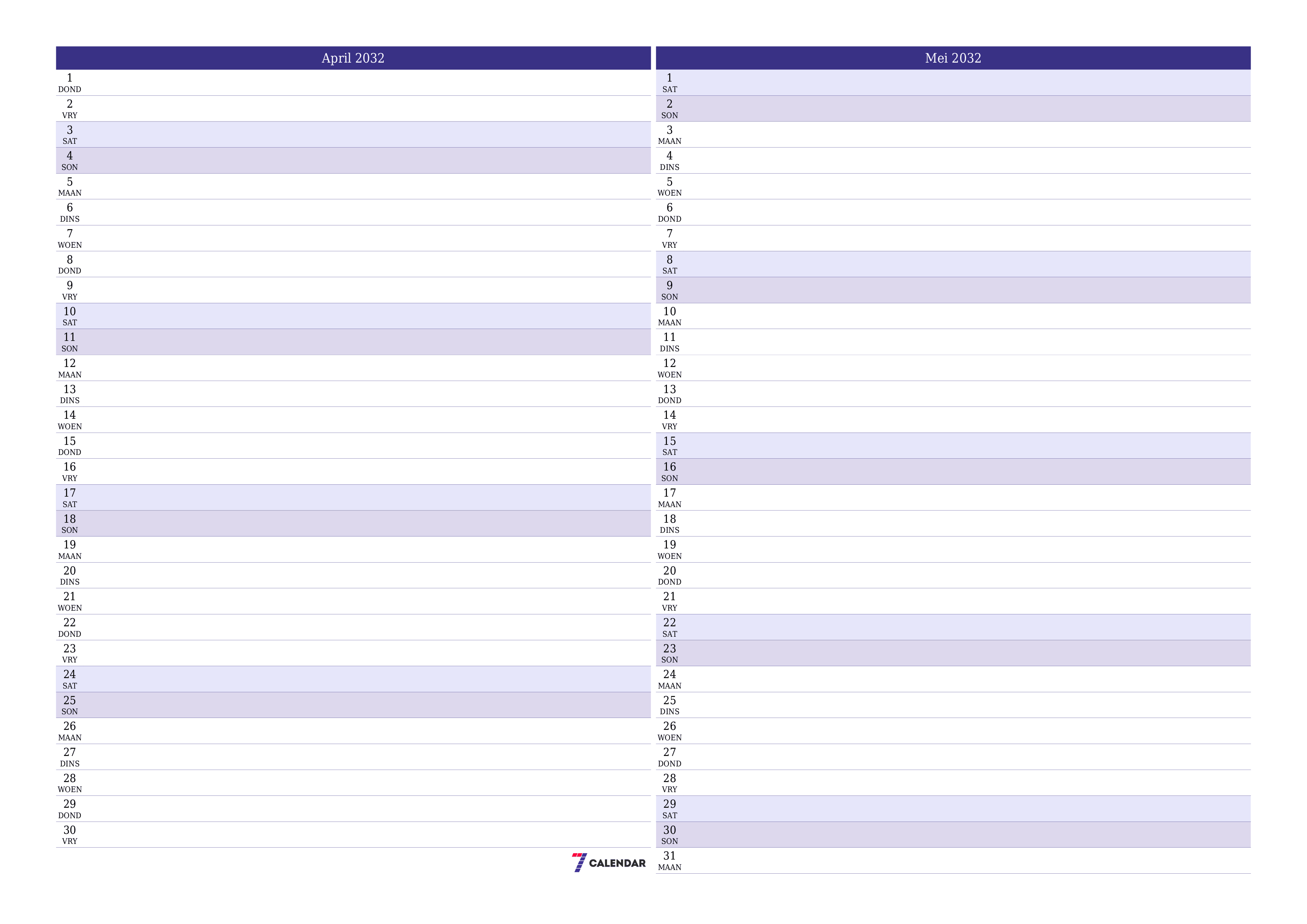 Leë maandelikse drukbare kalender en beplanner vir maand April 2032 met notas stoor en druk na PDF PNG Afrikaans