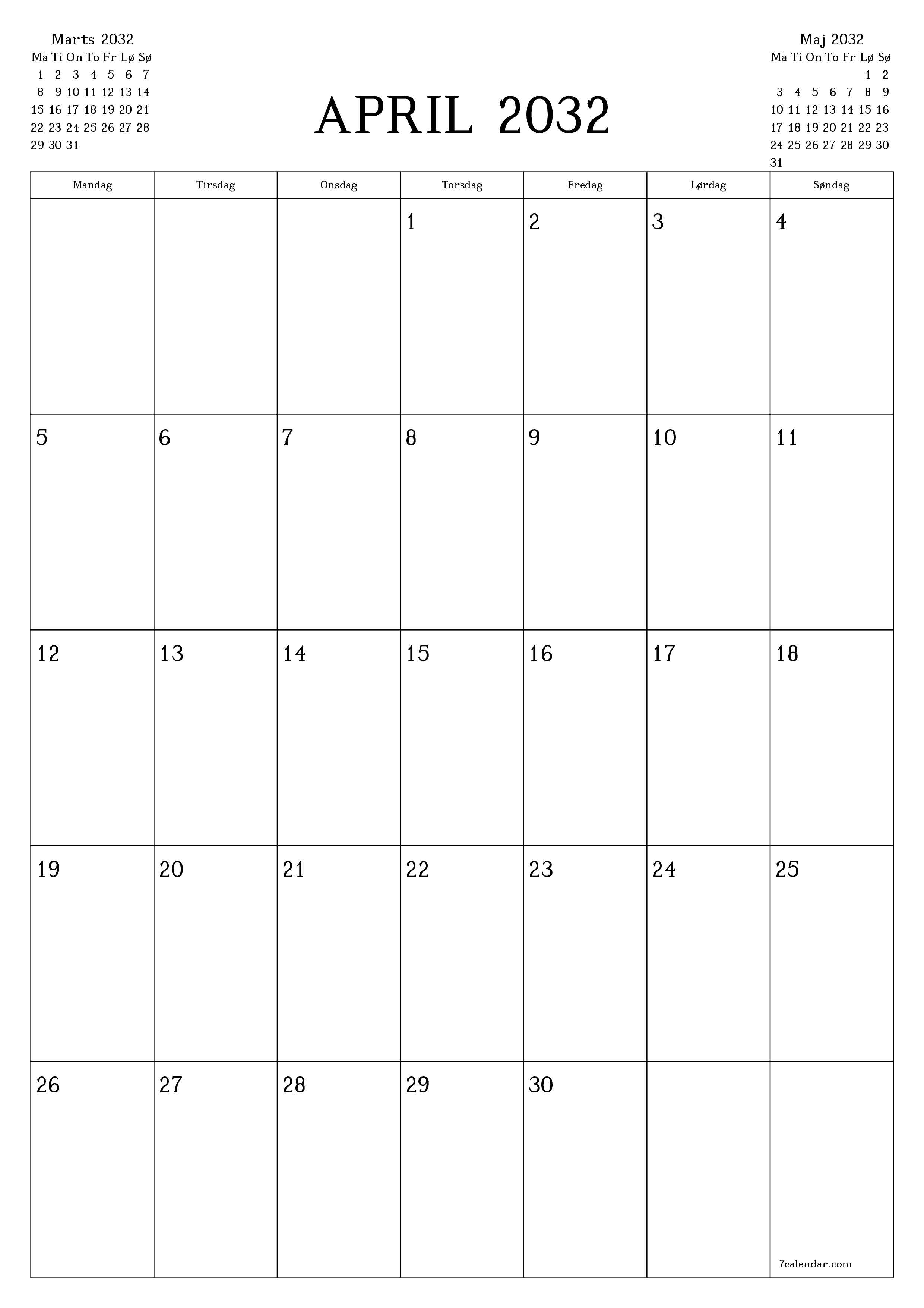 Tom månedlig planlægning for måned April 2032 med noter, gem og udskriv til PDF PNG Danish