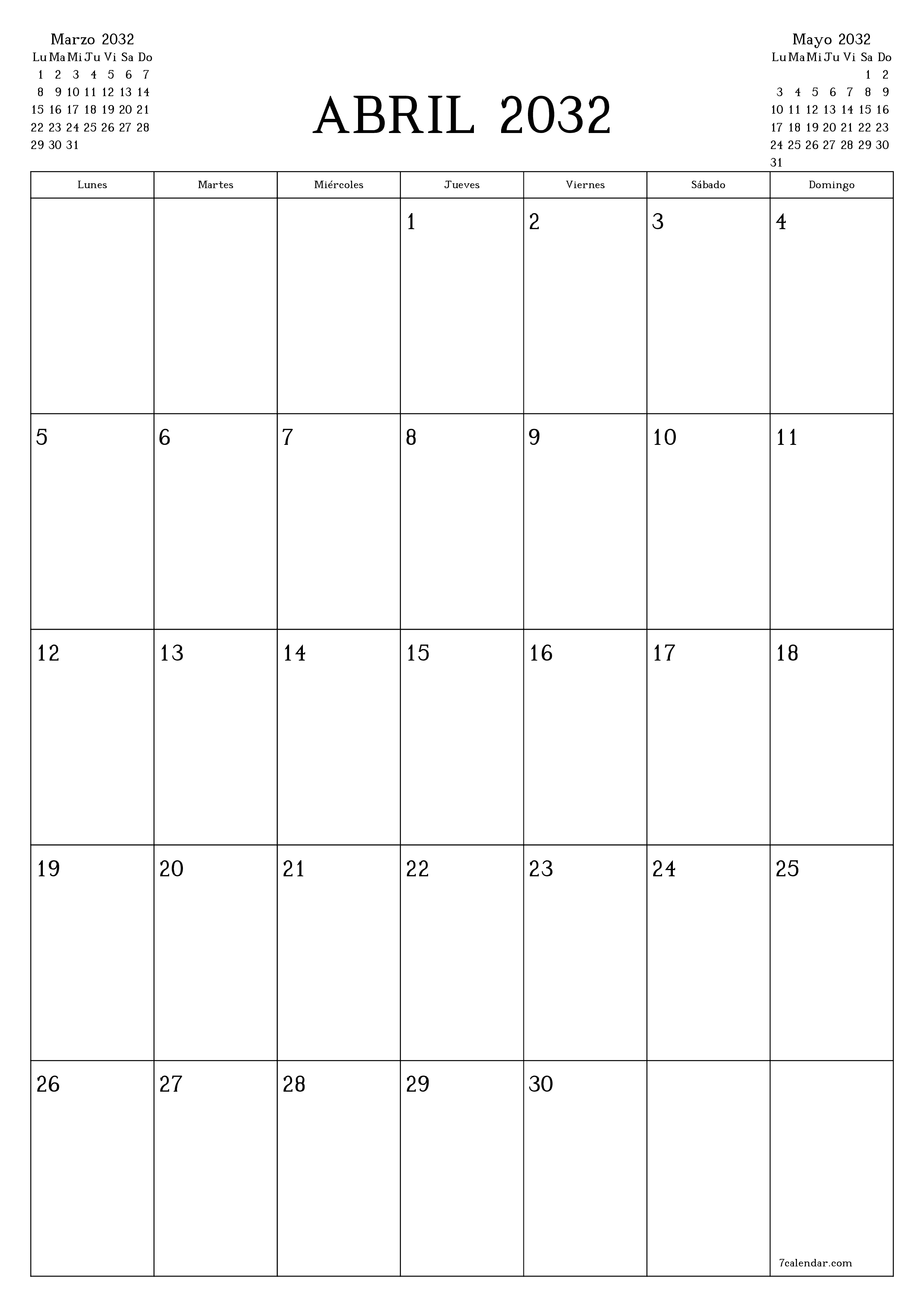  imprimible de pared plantilla de gratisvertical Mensual planificador calendario Abril (Abr) 2032