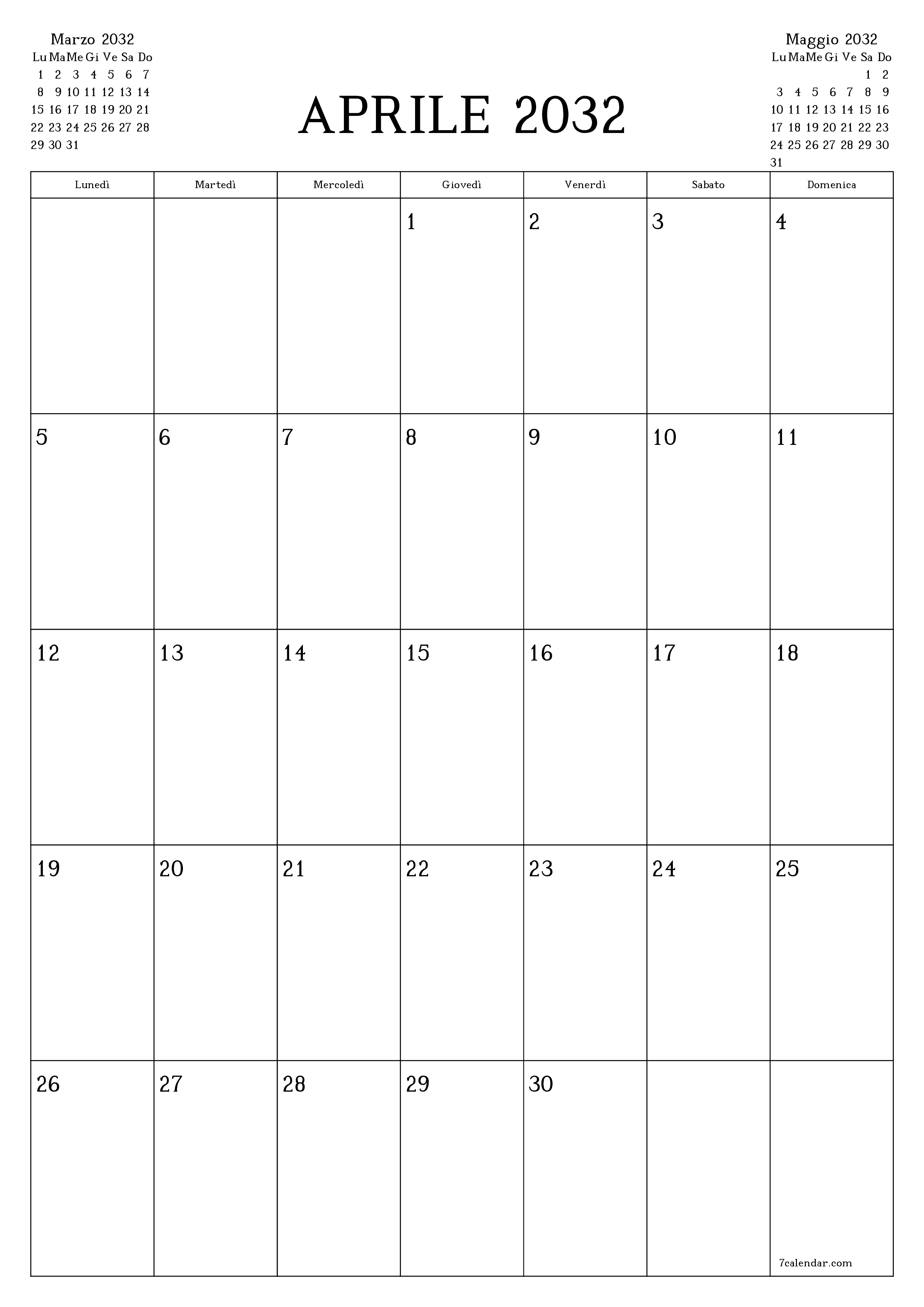 Pianificatore mensile vuoto per il mese Aprile 2032 con note, salva e stampa in PDF PNG Italian