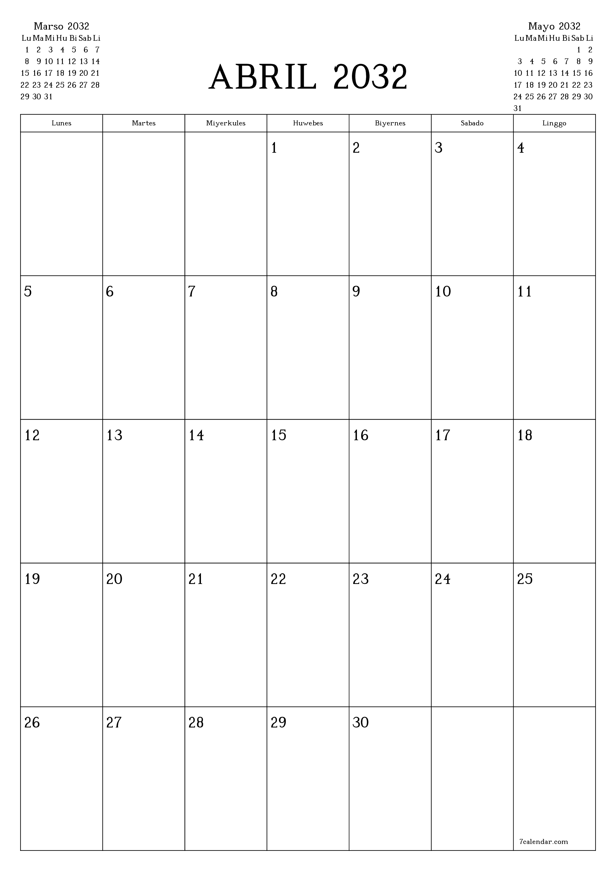 Walang laman na buwanang tagaplano para sa buwan na Abril 2032 na may mga tala, i-save at i-print sa PDF PNG Filipino