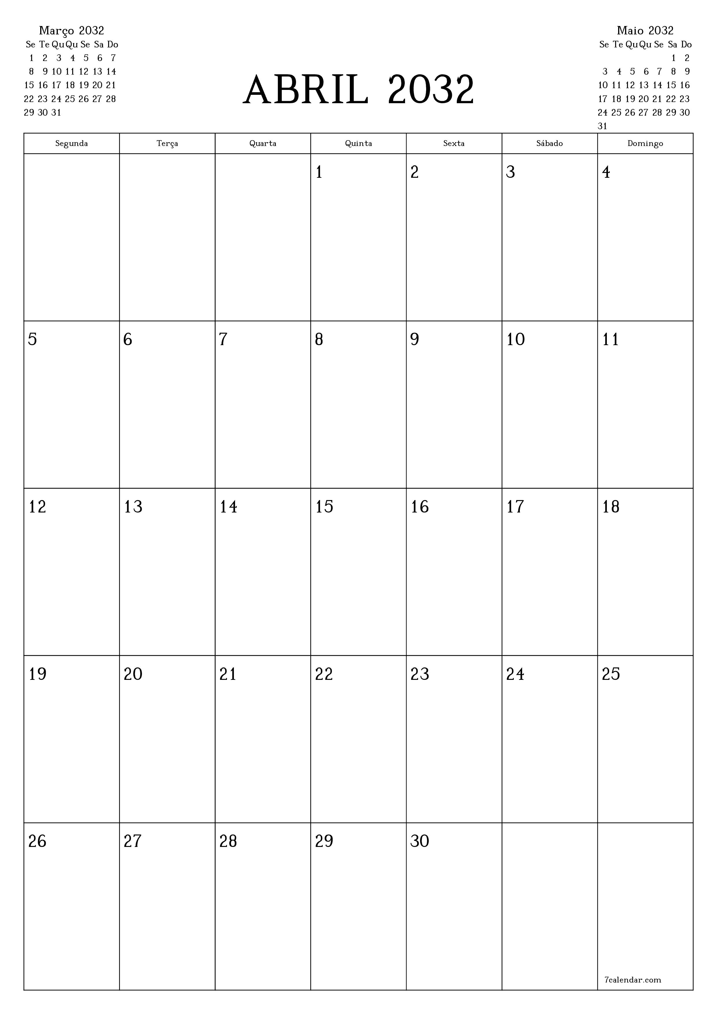  para impressão de parede modelo de grátisvertical Mensal planejador calendário Abril (Abr) 2032