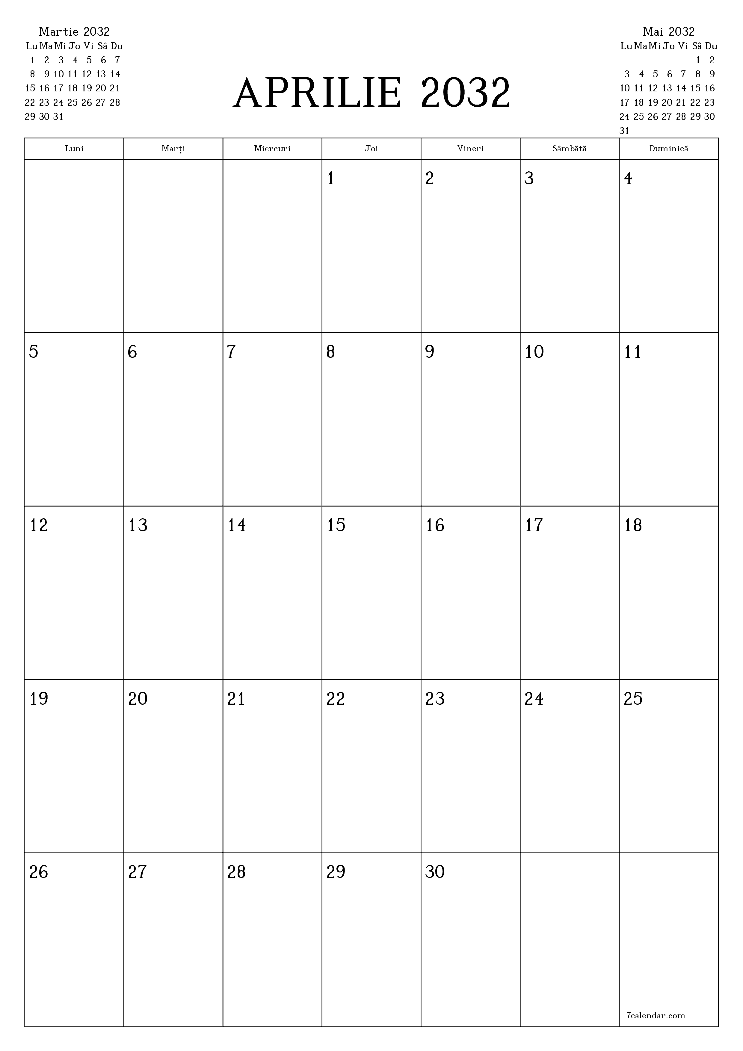  imprimabil de perete șablon de gratuitvertical Lunar planificator calendar Aprilie (Apr) 2032