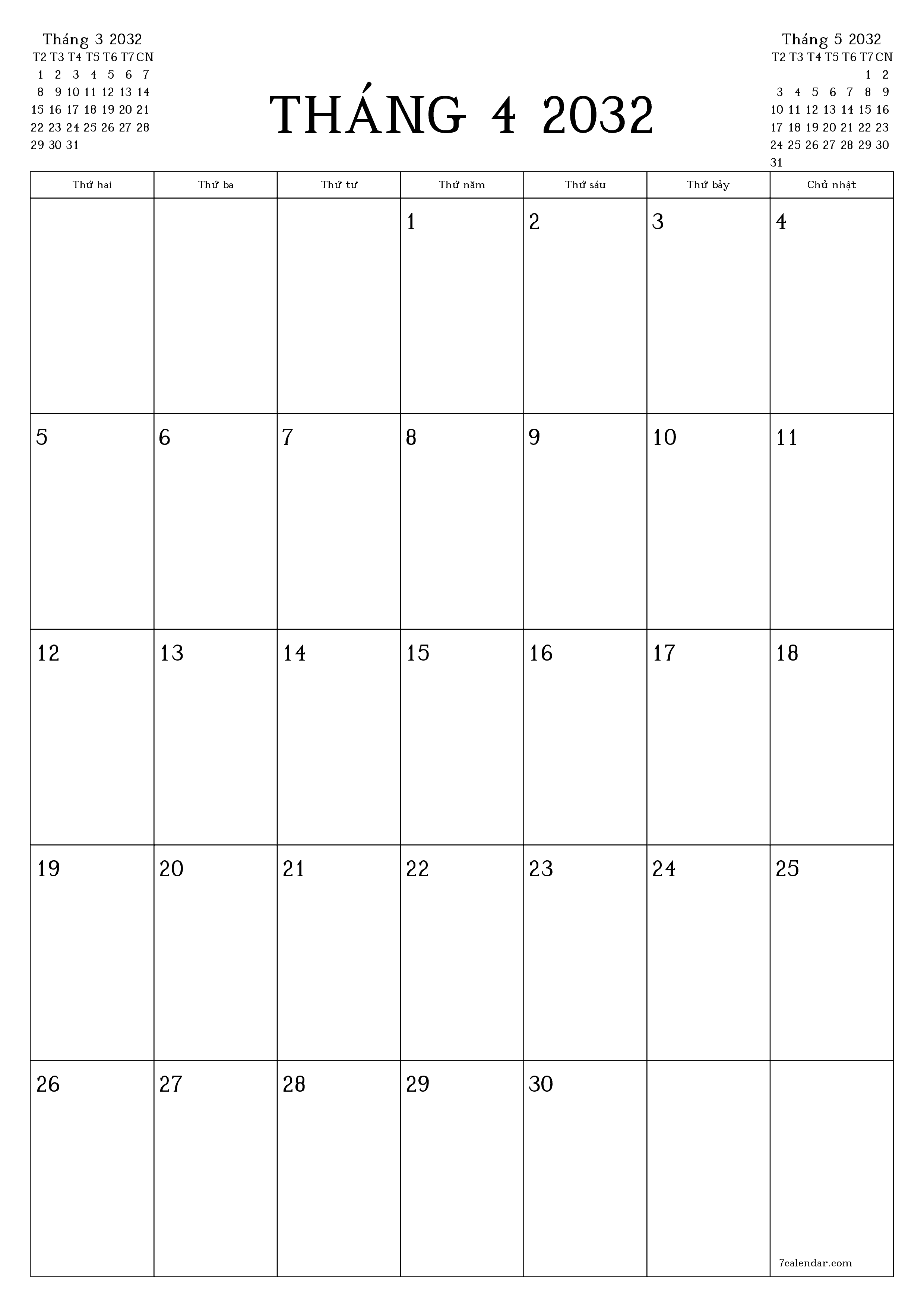 Công cụ lập kế hoạch hàng tháng trống cho tháng Tháng 4 2032 có ghi chú, lưu và in sang PDF PNG Vietnamese