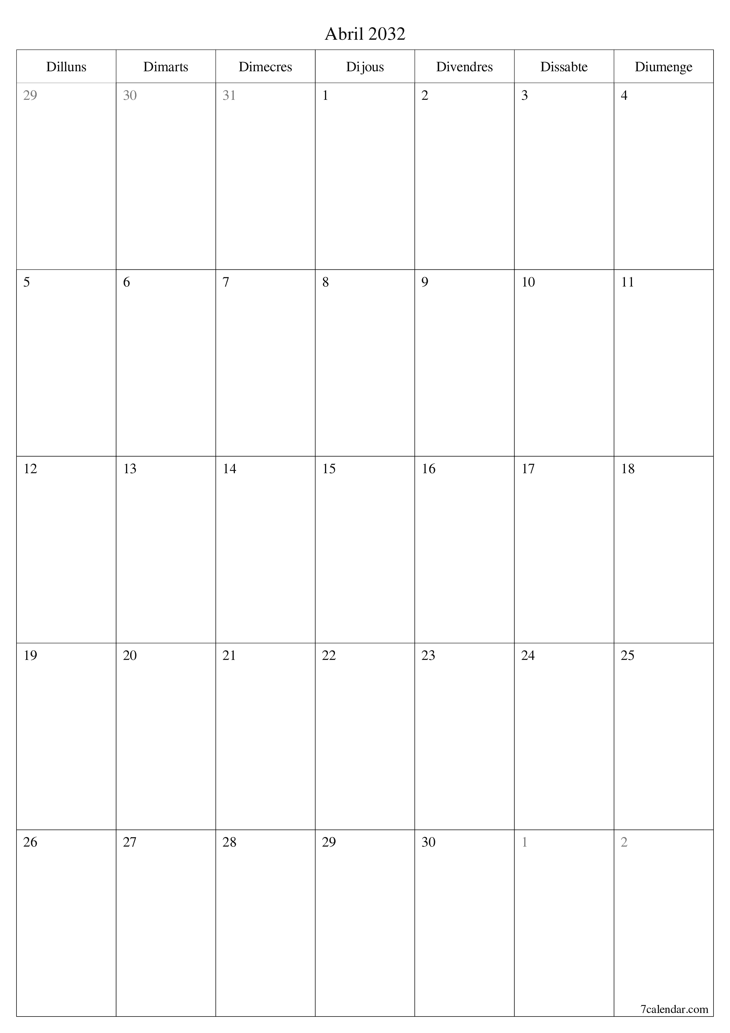 Planificador mensual buit del mes Abril 2032 amb notes, deseu-lo i imprimiu-lo en format PDF PNG Catalan