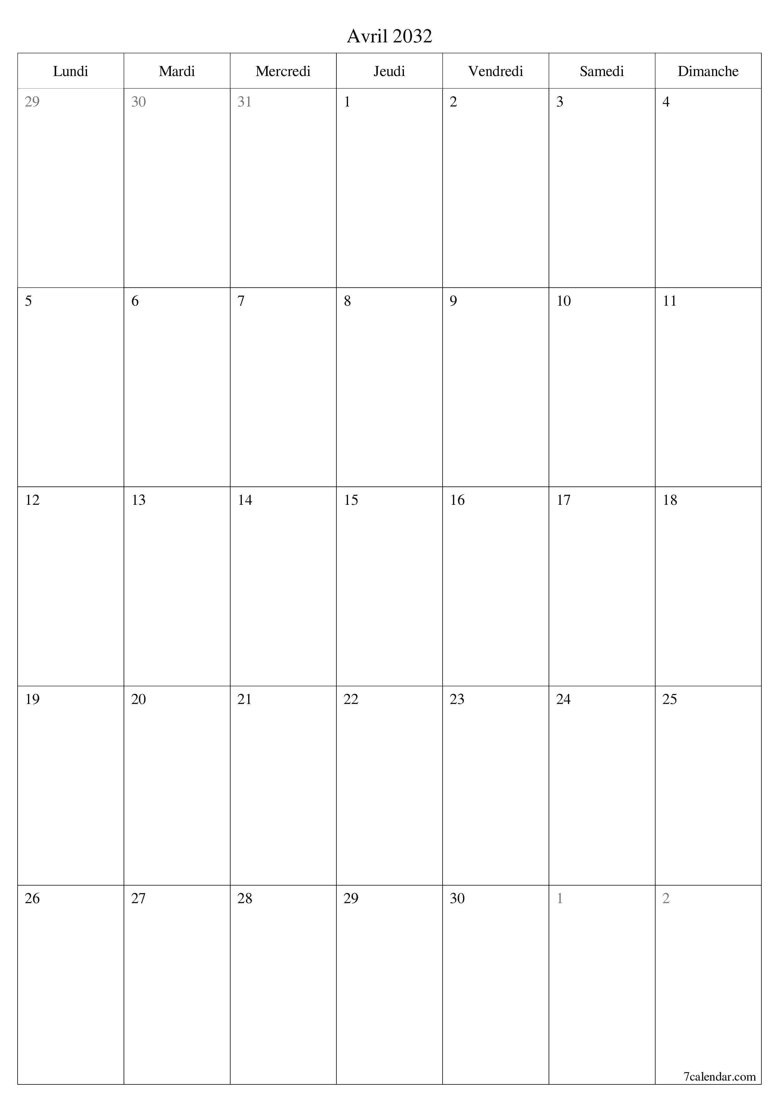  imprimable mural modèle de gratuitverticale Mensuel planificateur calendrier Avril (Avr) 2032