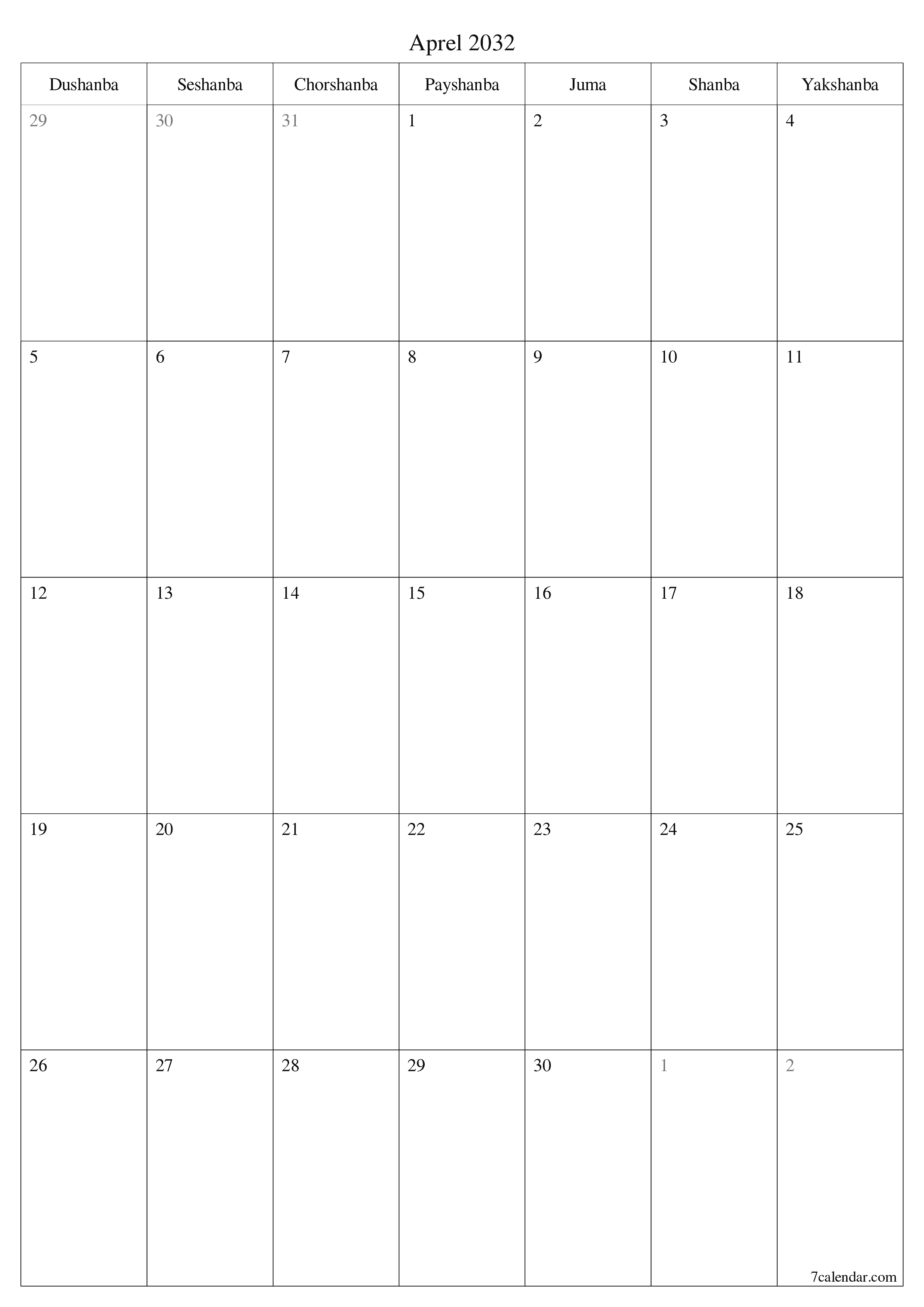 chop etiladigan devor taqvimi shabloni bepul vertikal Oylik rejalashtiruvchi kalendar Aprel (Apr) 2032