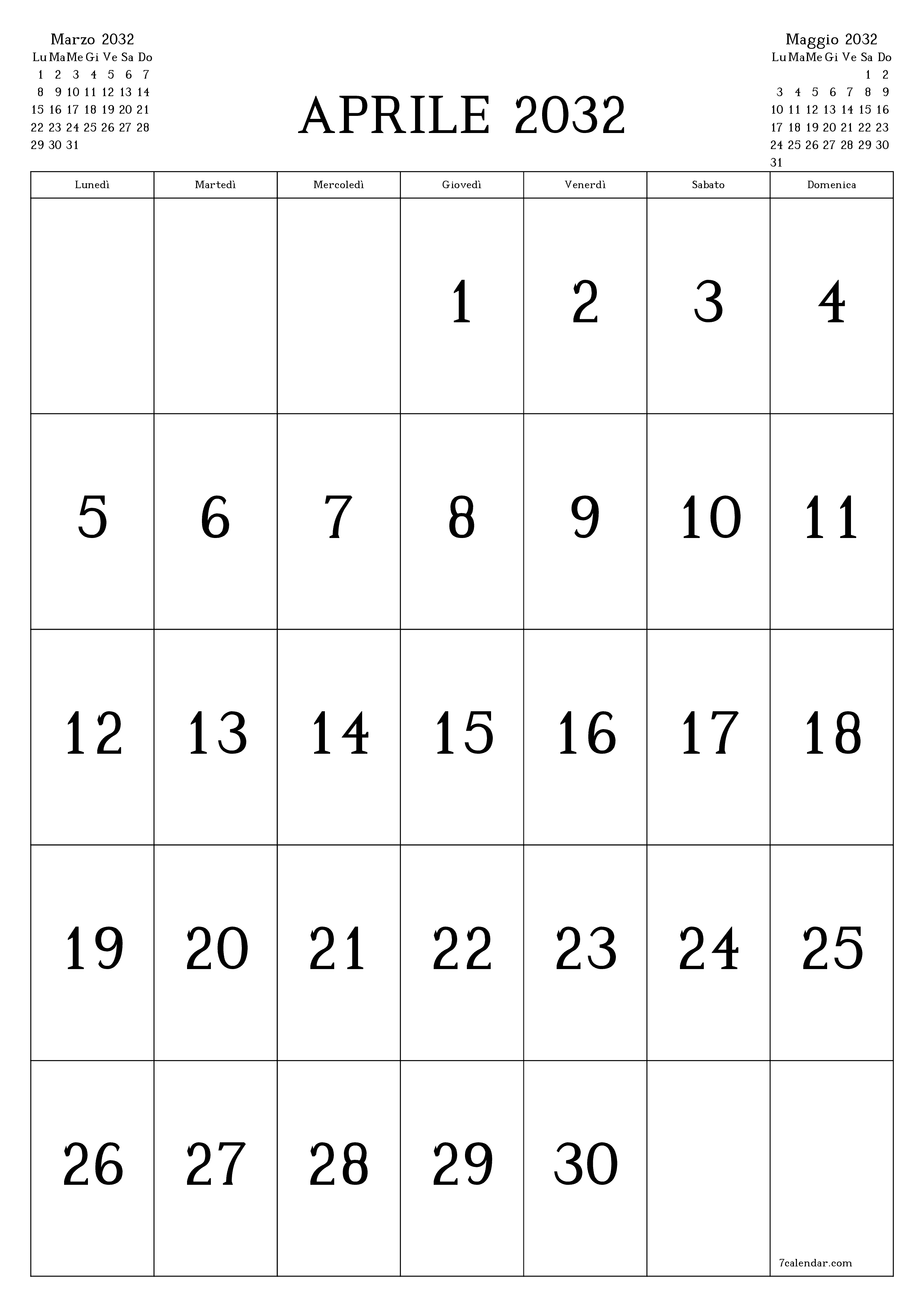 Pianificatore mensile vuoto per il mese Aprile 2032 con note, salva e stampa in PDF PNG Italian