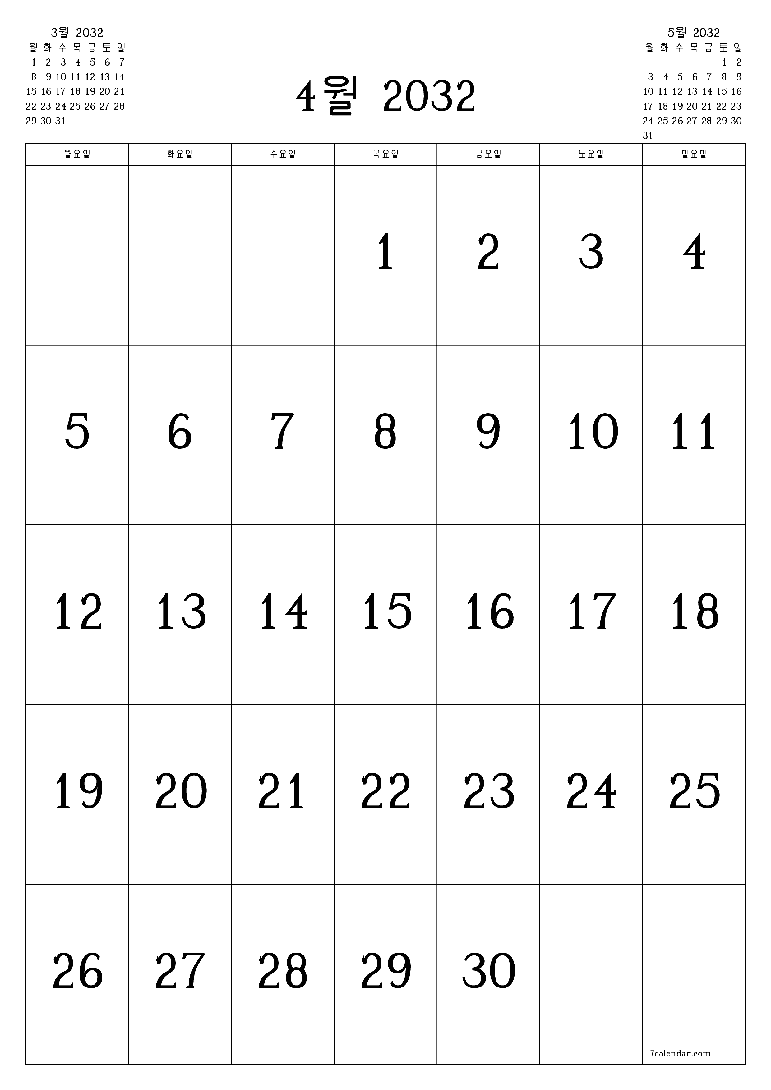 메모가있는 4월 2032 월의 월간 플래너 비우기, PDF PNG Korean-7calendar.com으로 저장 및 인쇄