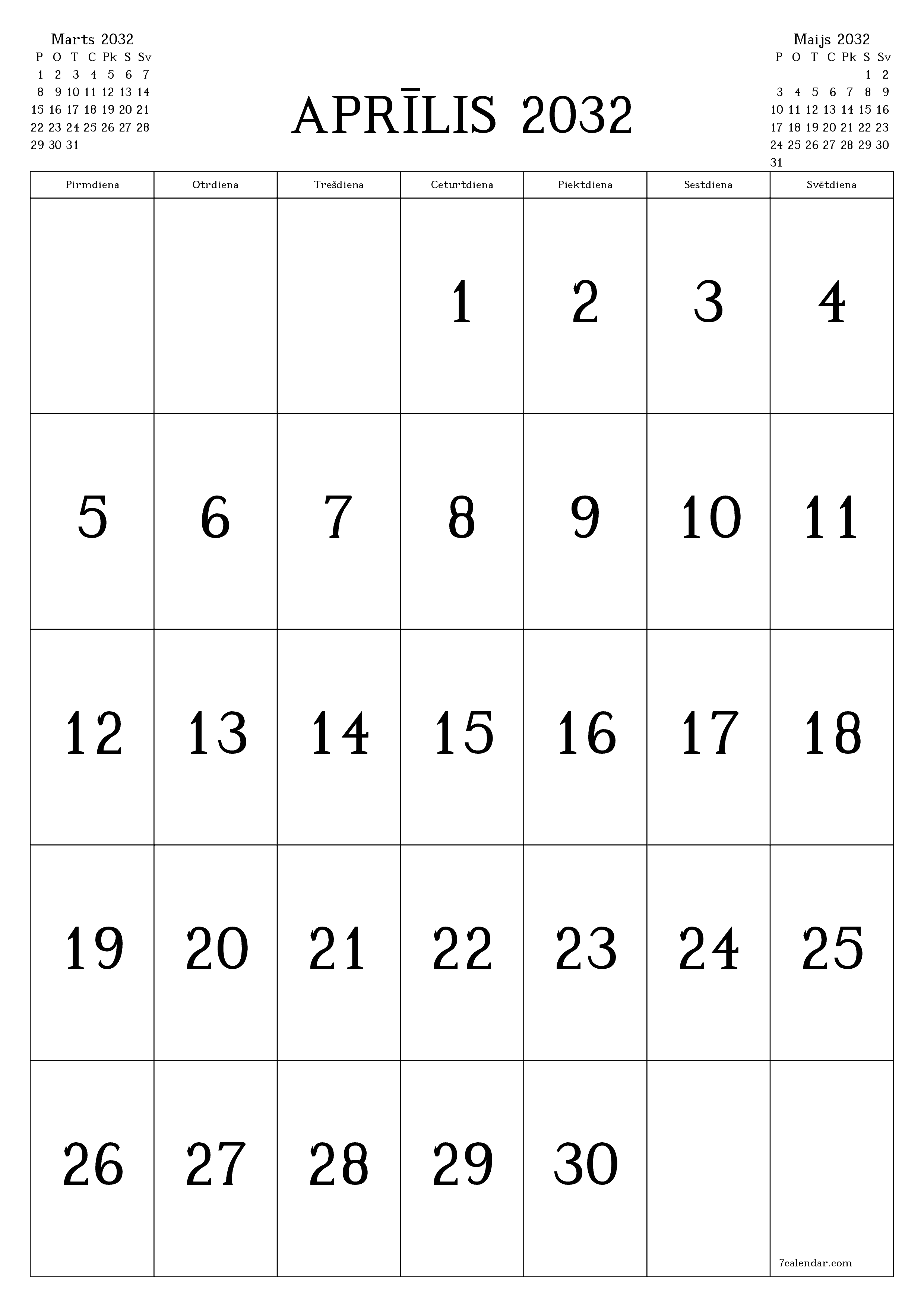 izdrukājams sienas kalendāra veidne bezmaksas vertikāli Mēneša kalendārs Aprīlis (Apr) 2032