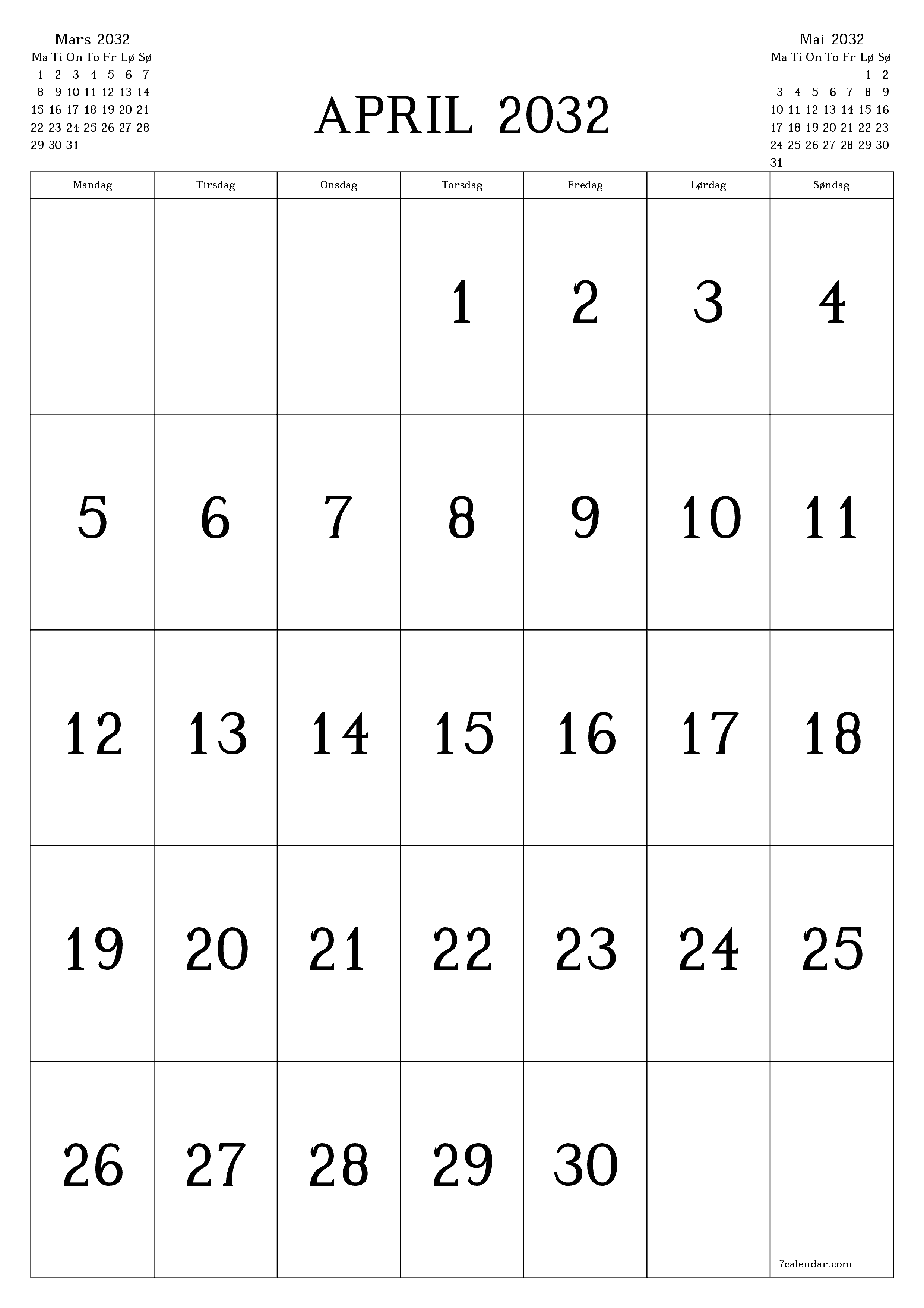 utskrivbar vegg mal gratis vertikal Månedlig kalender April (Apr) 2032